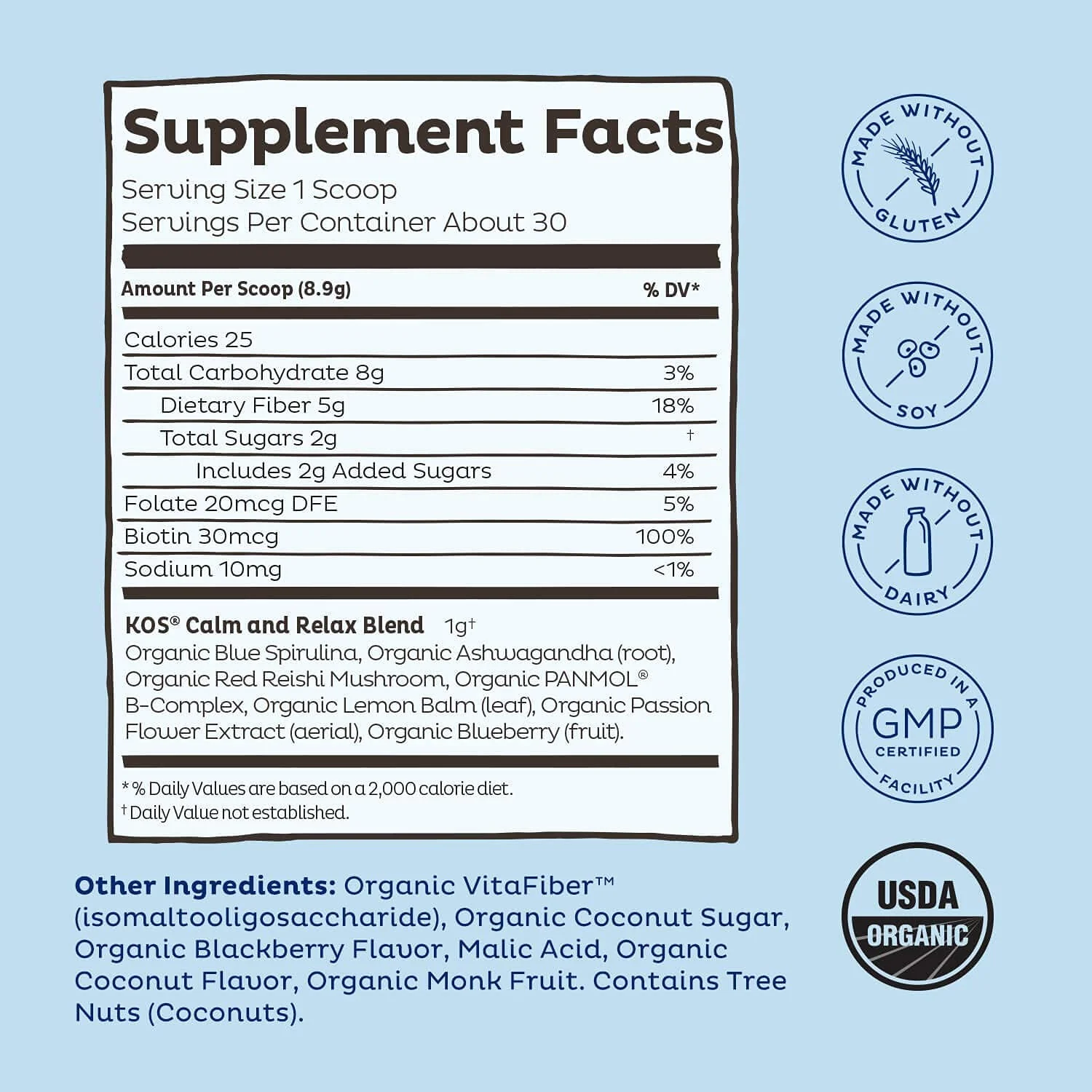 KOS Calming Blue Spirulina Blend - USDA Organic Algae Superfood Powder with Ashwagandha, Lemon Balm, Reishi - Berry Coconut Cooler, 28 Servings - Image 4