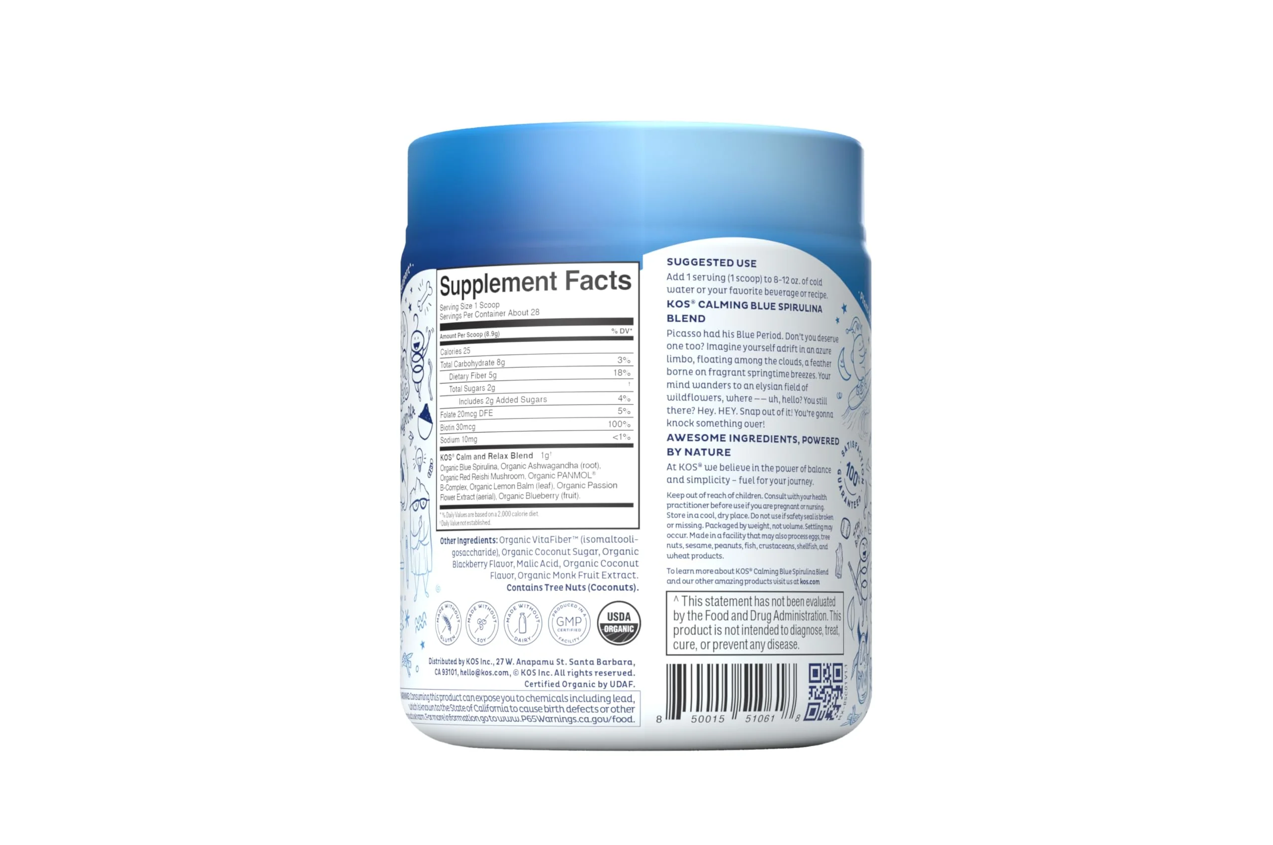 KOS Calming Blue Spirulina Blend - USDA Organic Algae Superfood Powder with Ashwagandha, Lemon Balm, Reishi - Berry Coconut Cooler, 28 Servings - Image 6
