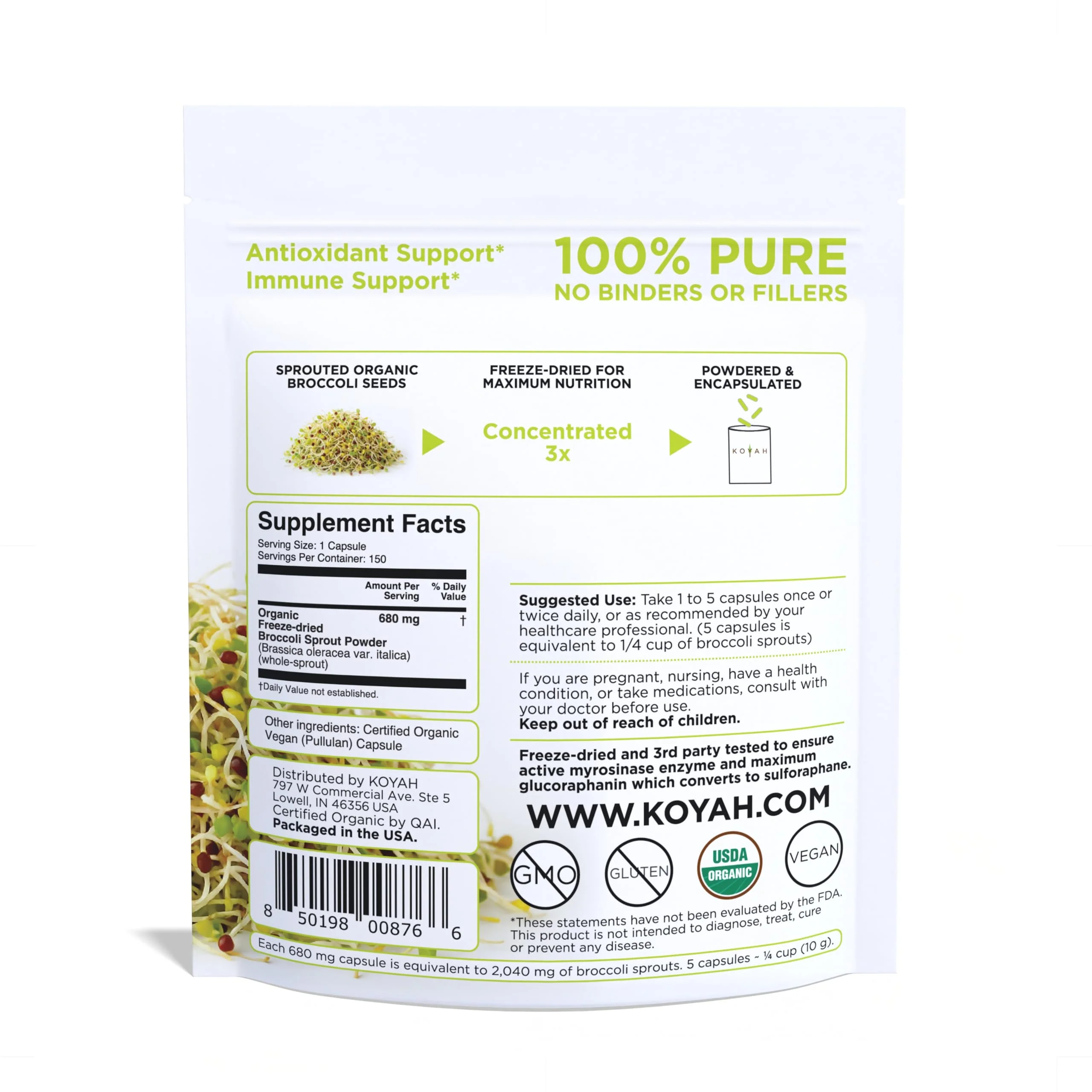KOYAH Organic Broccoli Sprout Capsules – Freeze-Dried Whole Sprouts, Active Myrosinase & Glucoraphanin, USA Grown, 150 Capsules - Image 4