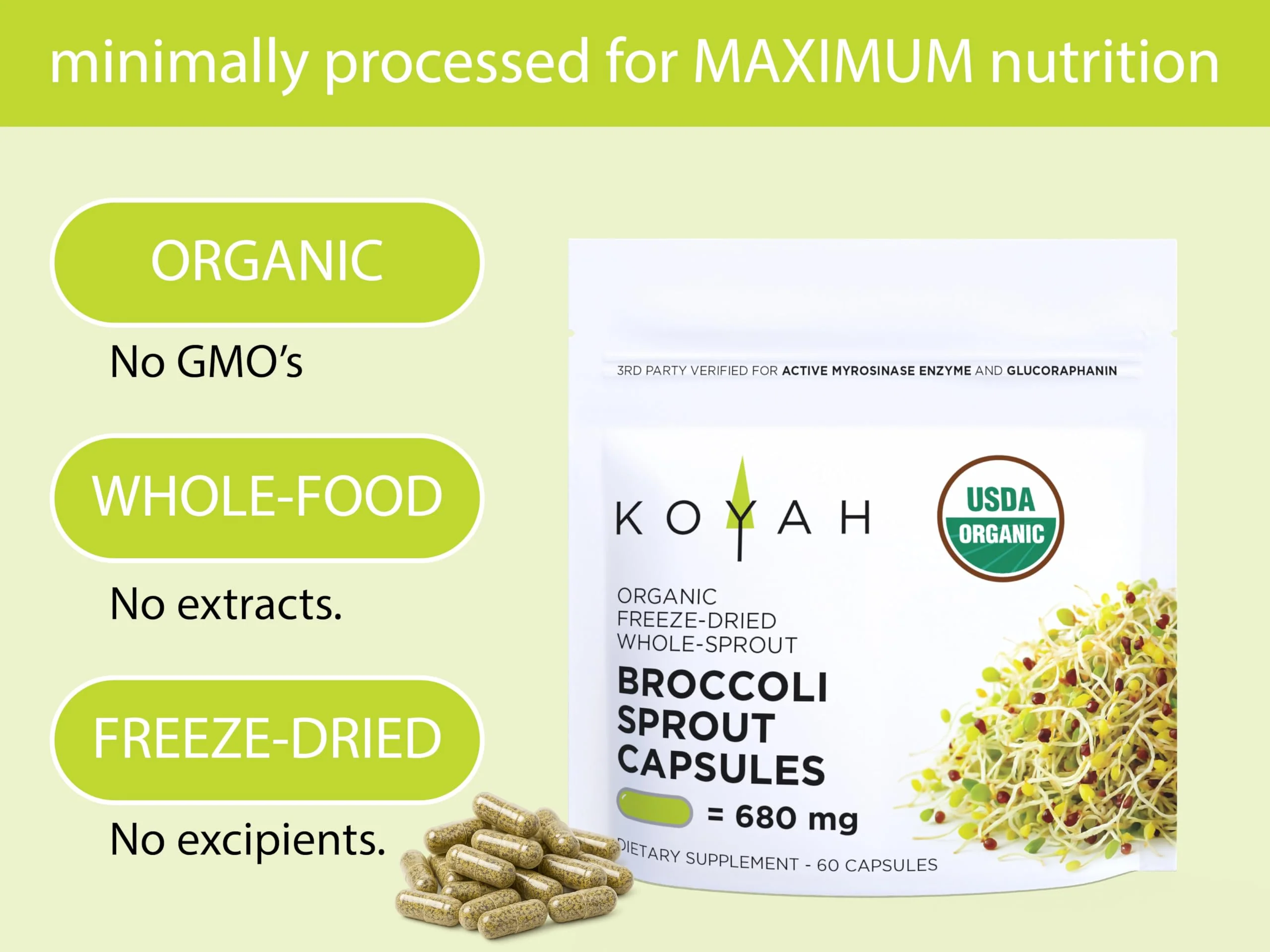 KOYAH Organic Broccoli Sprout Capsules – Freeze-Dried Whole Sprouts, Active Myrosinase & Glucoraphanin, USA Grown, 150 Capsules - Image 5