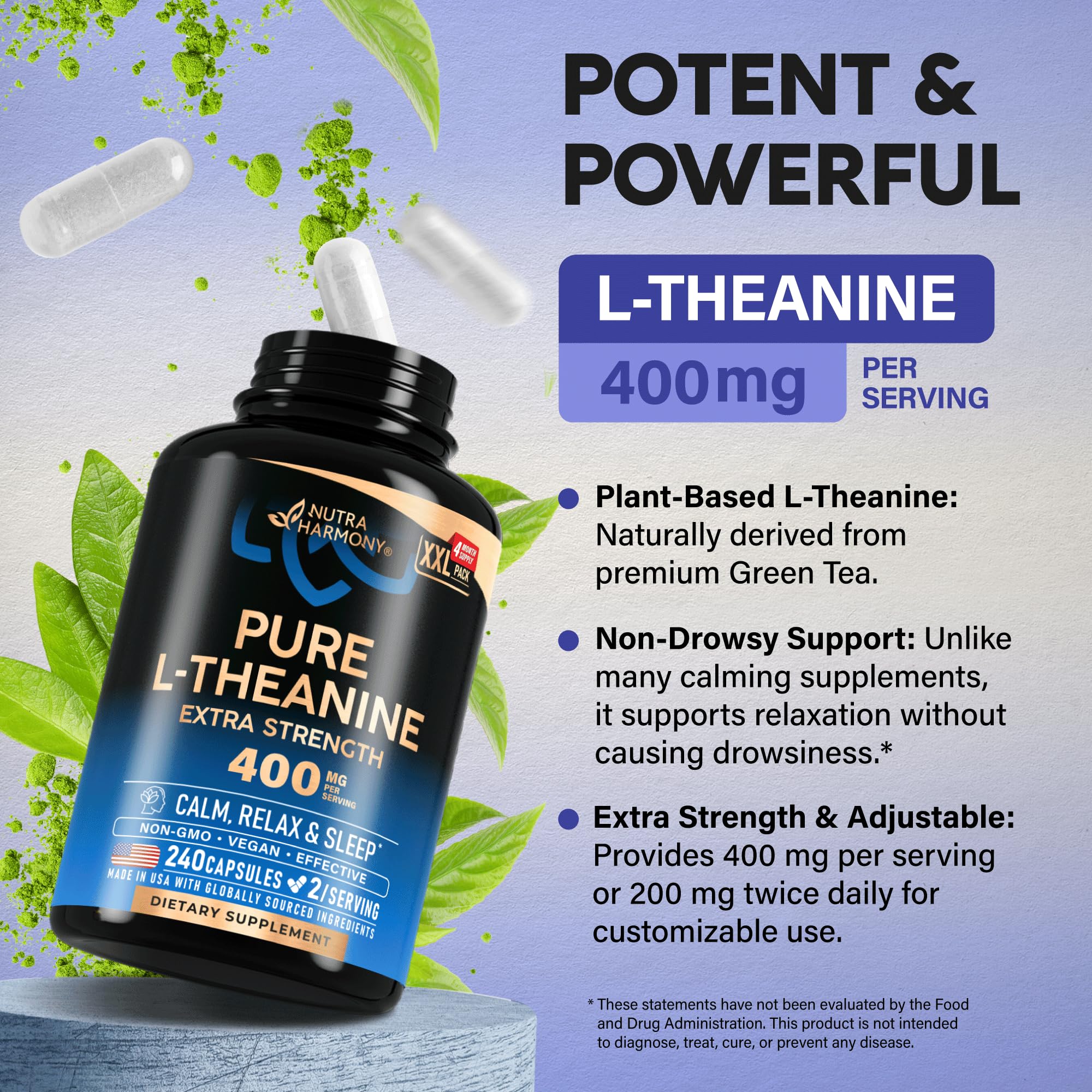 L Theanine 400 mg – Stress Relief, Relaxation & Sleep Support | Made in USA | 240 Vegan Capsules - Image 4
