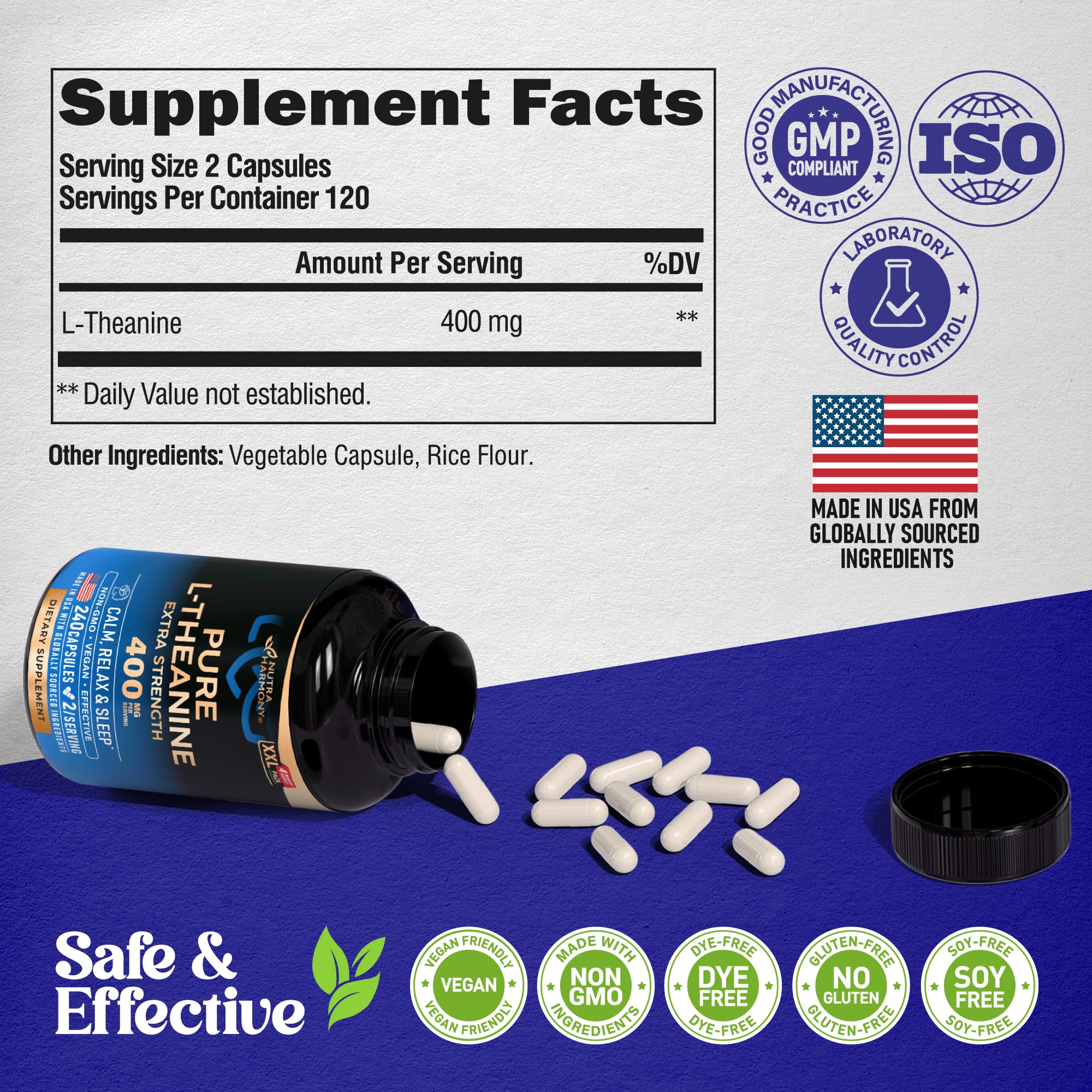 L Theanine 400 mg – Stress Relief, Relaxation & Sleep Support | Made in USA | 240 Vegan Capsules - Image 7