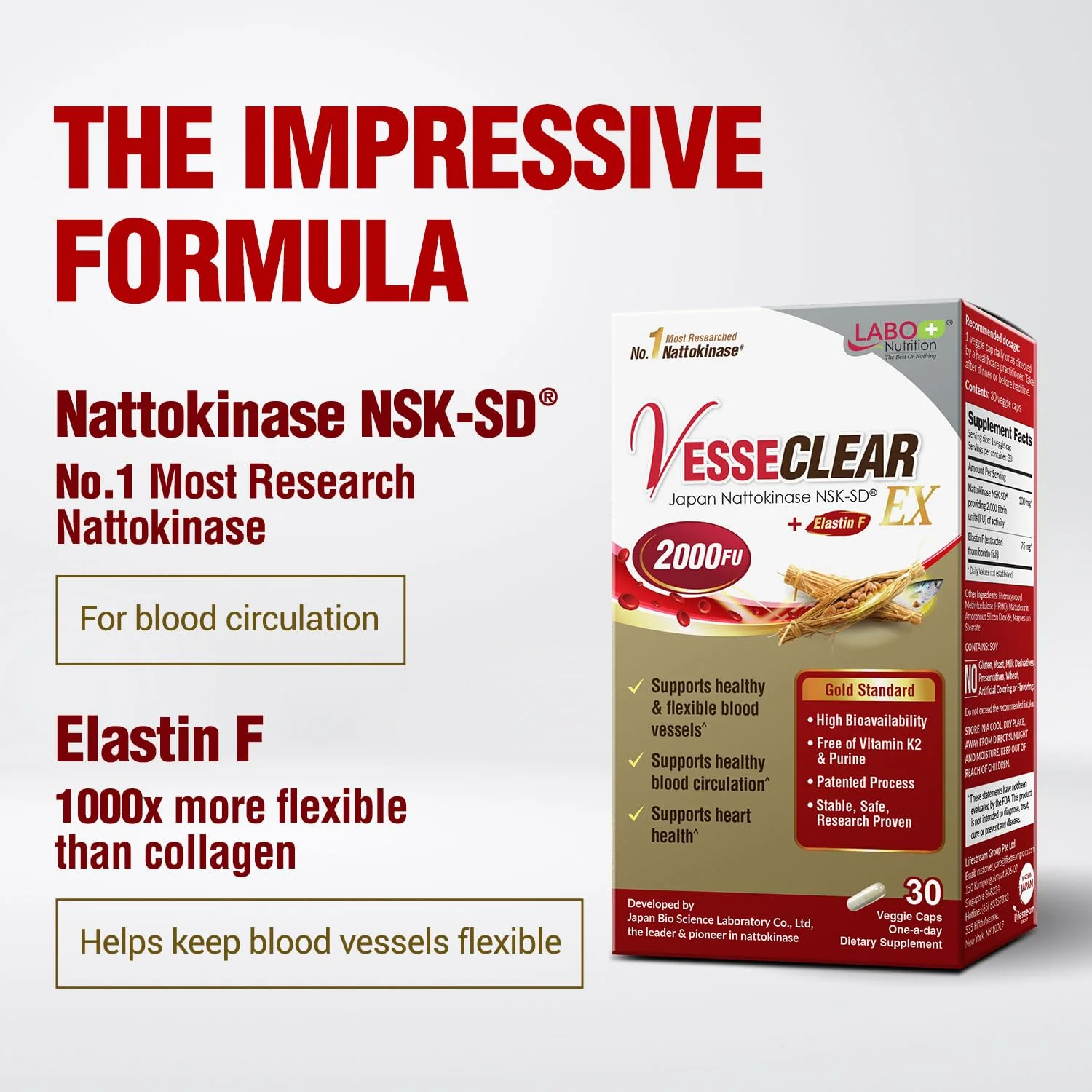 LABO Nutrition VesseCLEAR EX: Nattokinase NSK-SD + Elastin F for Clean & Flexible Blood Vessels — 90 Capsules - Image 12
