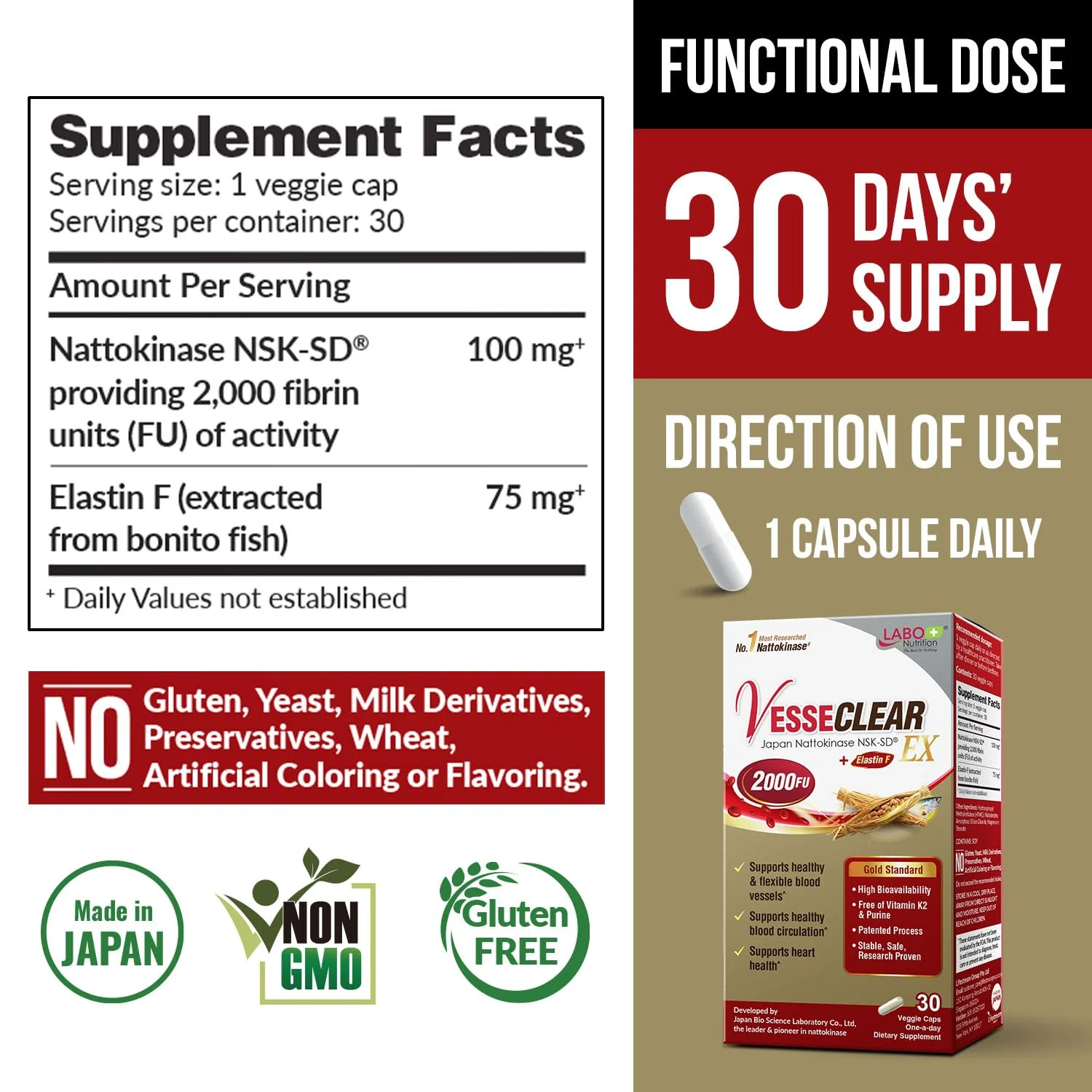 LABO Nutrition VesseCLEAR EX: Nattokinase NSK-SD + Elastin F for Clean & Flexible Blood Vessels — 90 Capsules - Image 2