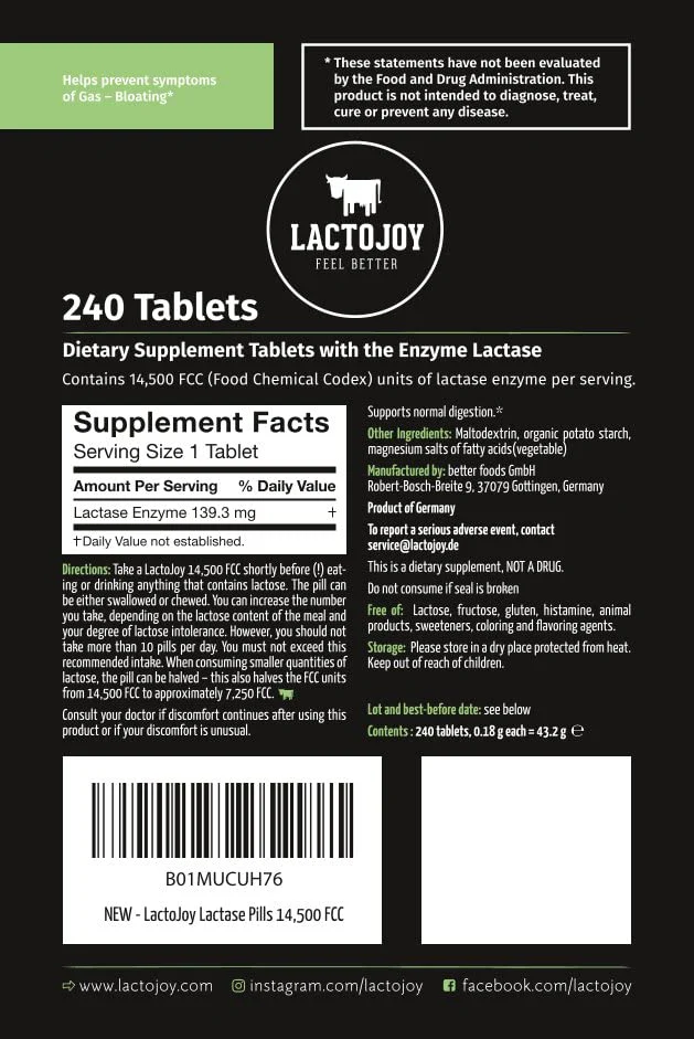 LactoJoy Lactase Pills 14,500 FCC | Vegan, Fast-Acting Enzymes | 240-Piece Refill Pack - Image 2