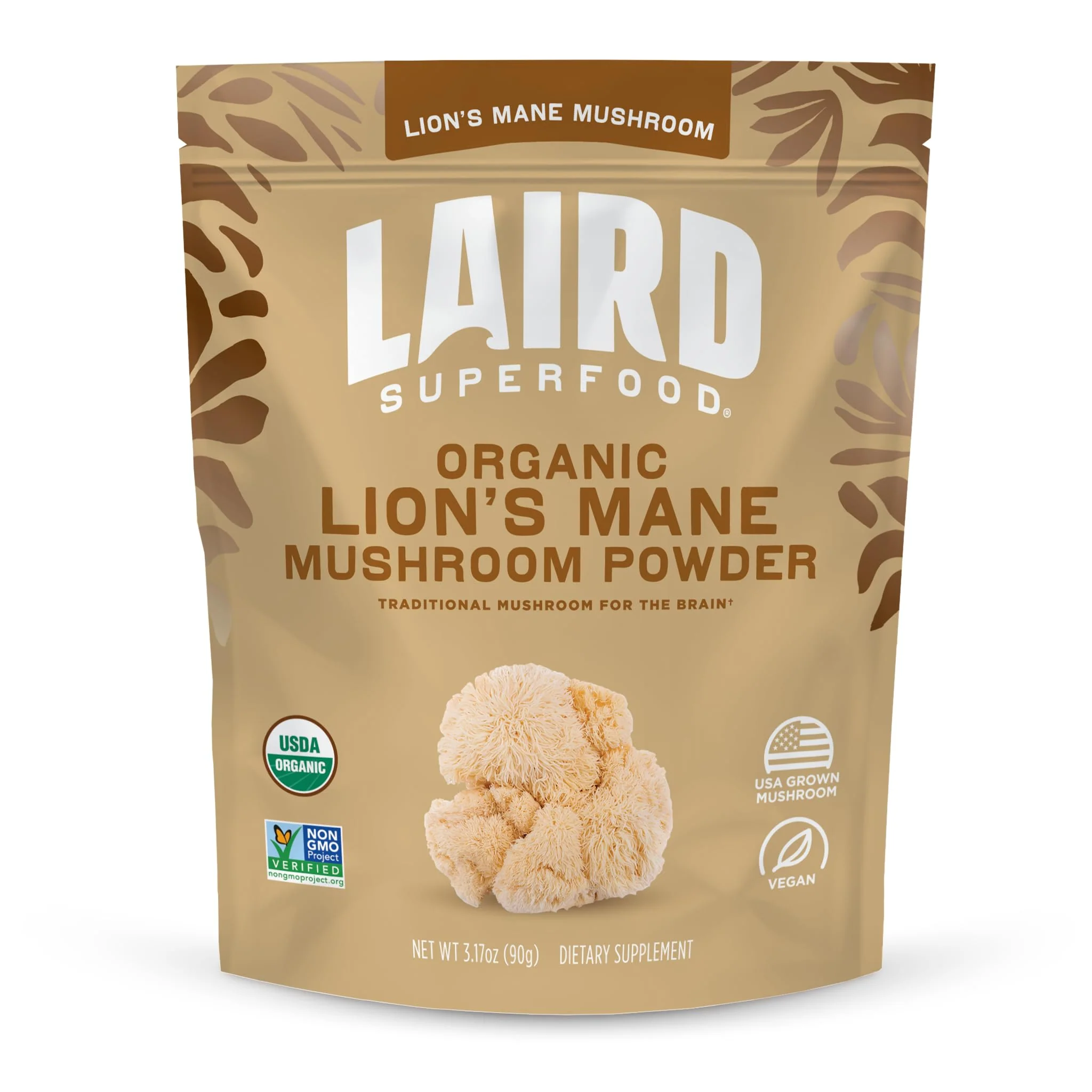 Laird Superfood Organic Lion's Mane Mushroom Powder – Cognitive Function & Immune Support, 3.17 oz Bag