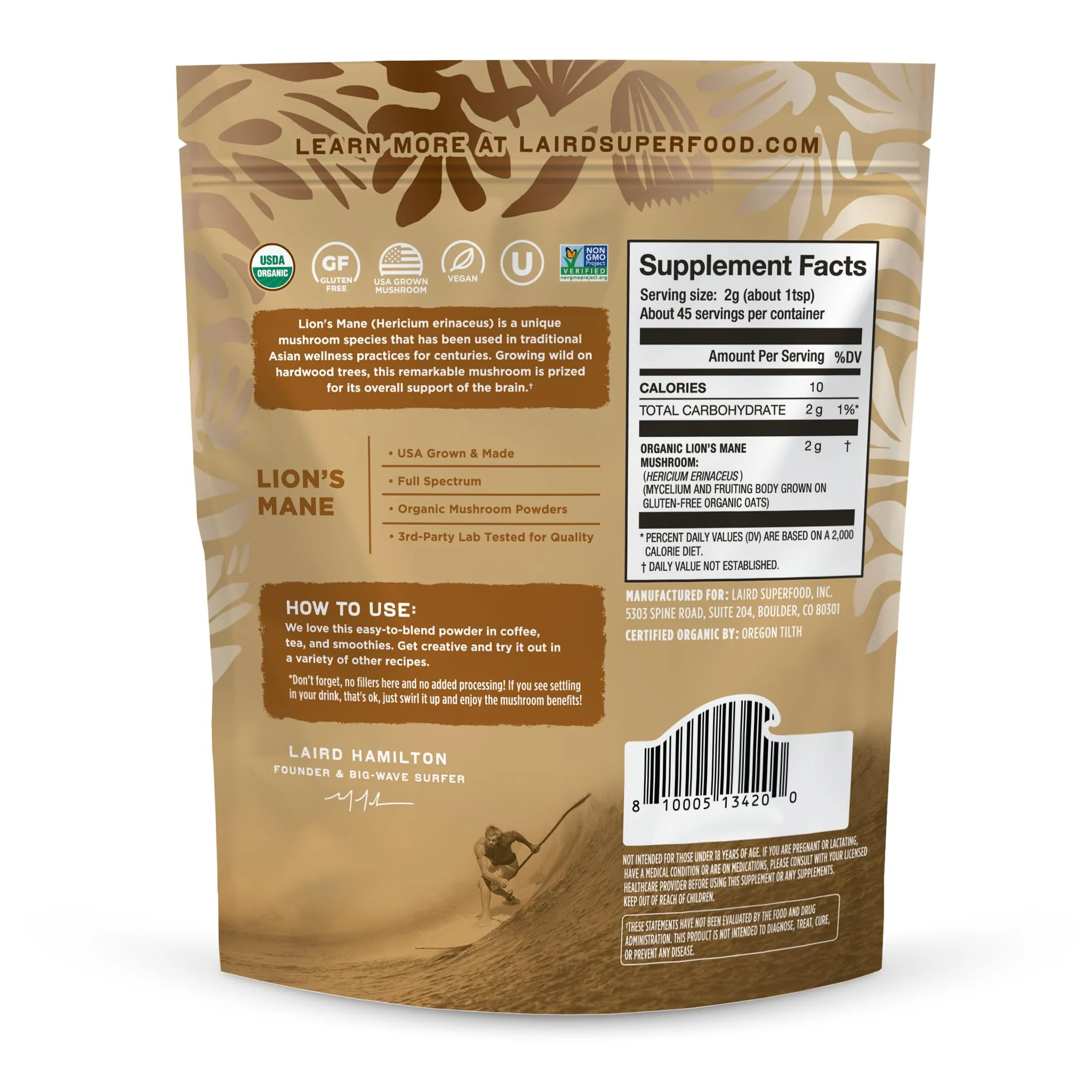 Laird Superfood Organic Lion's Mane Mushroom Powder – Cognitive Function & Immune Support, 3.17 oz Bag - Image 2