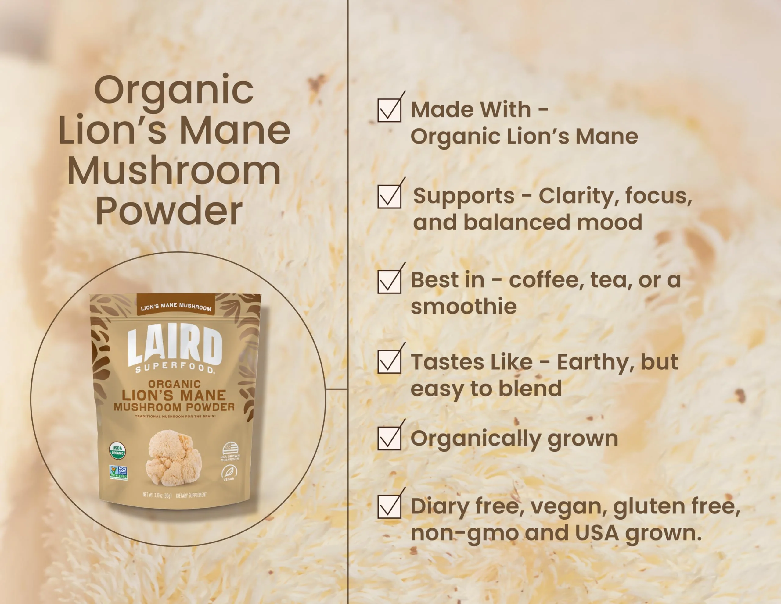 Laird Superfood Organic Lion's Mane Mushroom Powder – Cognitive Function & Immune Support, 3.17 oz Bag - Image 3