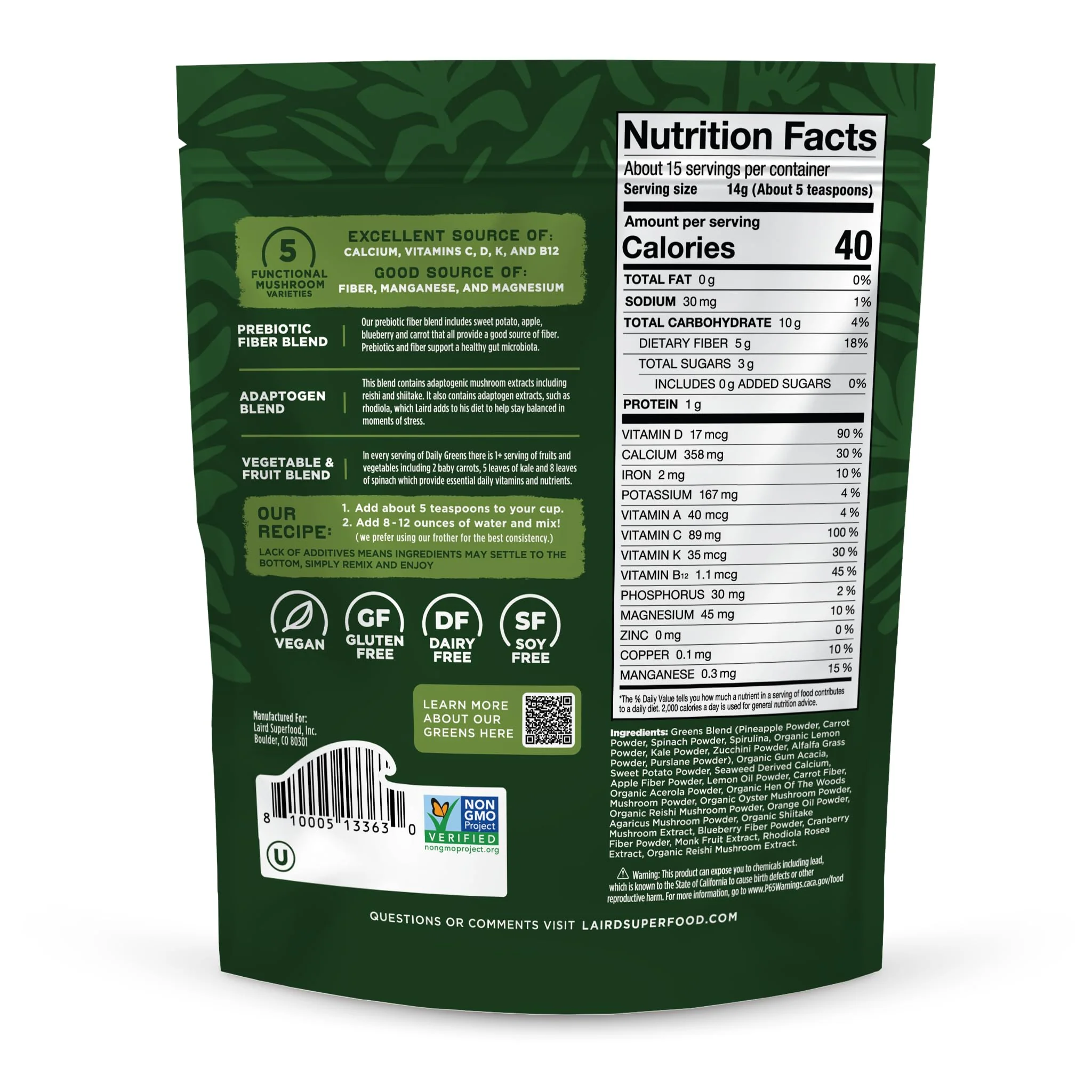 Laird Superfood Prebiotic Daily Greens Powder – 7.8 oz Bag | Vegan, Non-GMO - Image 2