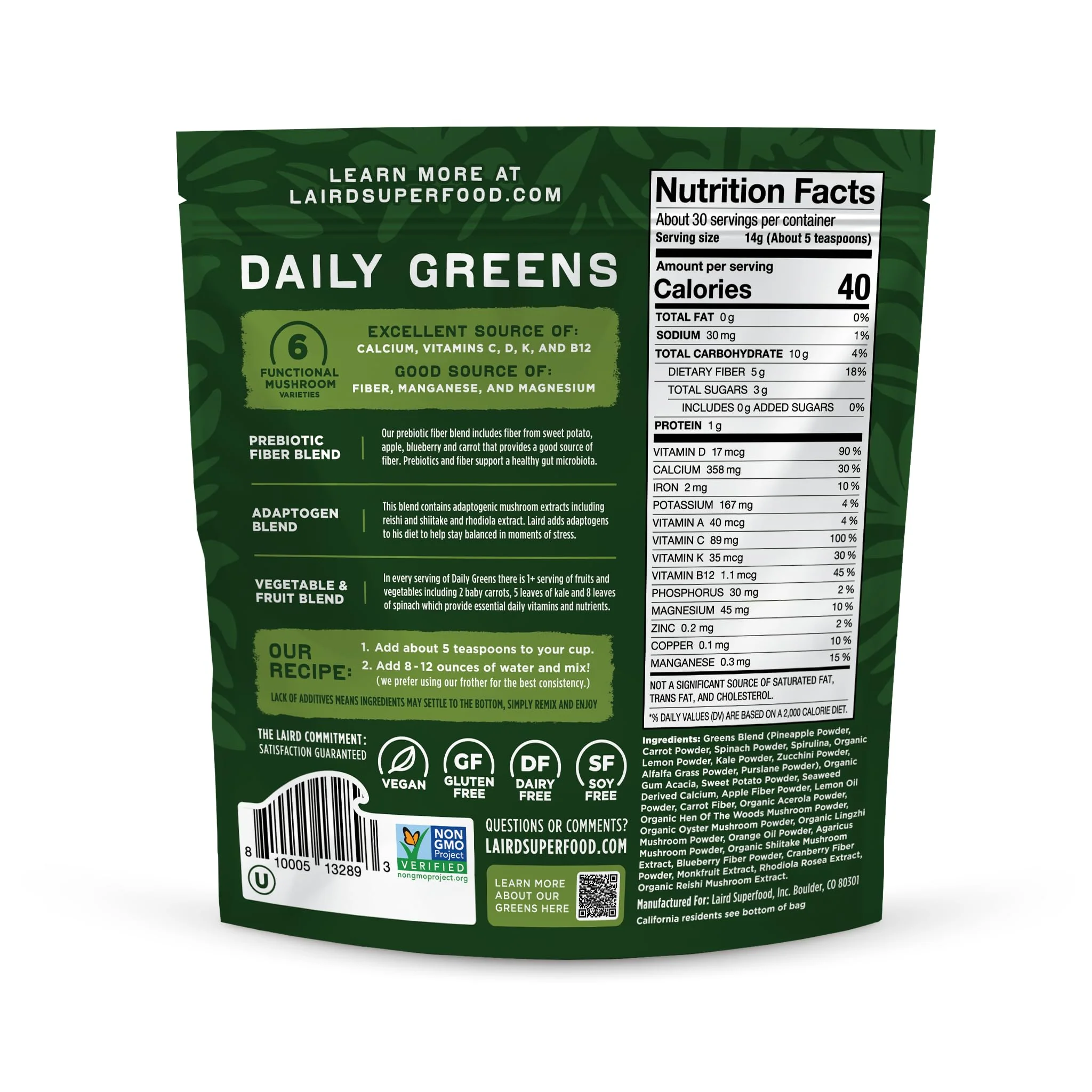 Laird Superfood Prebiotic Daily Greens Powder – Essential Vitamins & Minerals, Prebiotic Fiber, Adaptogen & Fruits & Vegetables – Non-GMO, Vegan, 14.8 oz - Image 3