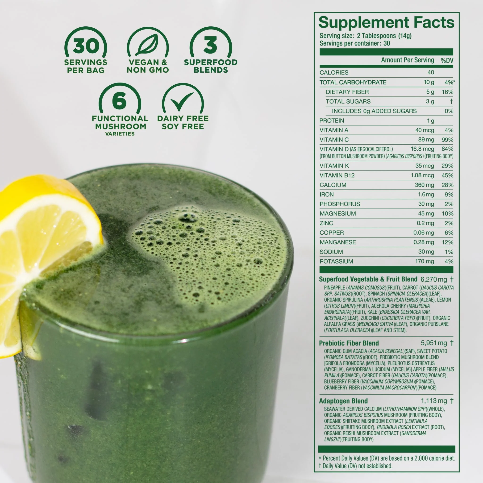 Laird Superfood Prebiotic Daily Greens Powder – Essential Vitamins & Minerals, Prebiotic Fiber, Adaptogen & Fruits & Vegetables – Non-GMO, Vegan, 14.8 oz - Image 4