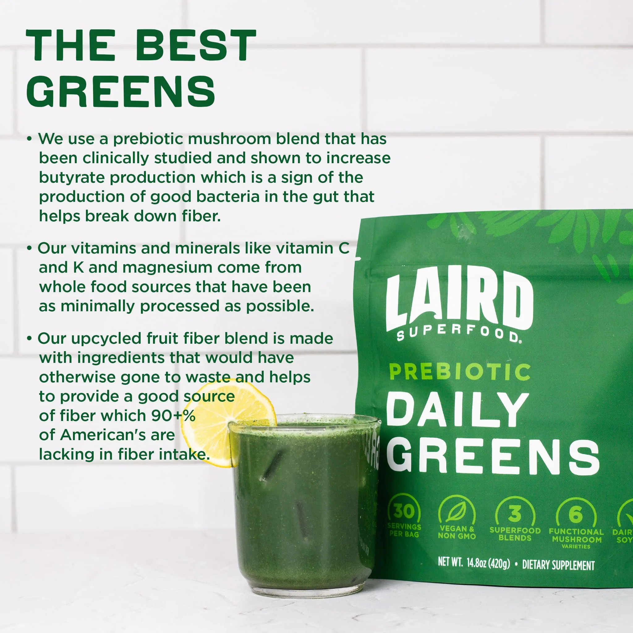 Laird Superfood Prebiotic Daily Greens Powder – Essential Vitamins & Minerals, Prebiotic Fiber, Adaptogen & Fruits & Vegetables – Non-GMO, Vegan, 14.8 oz - Image 6