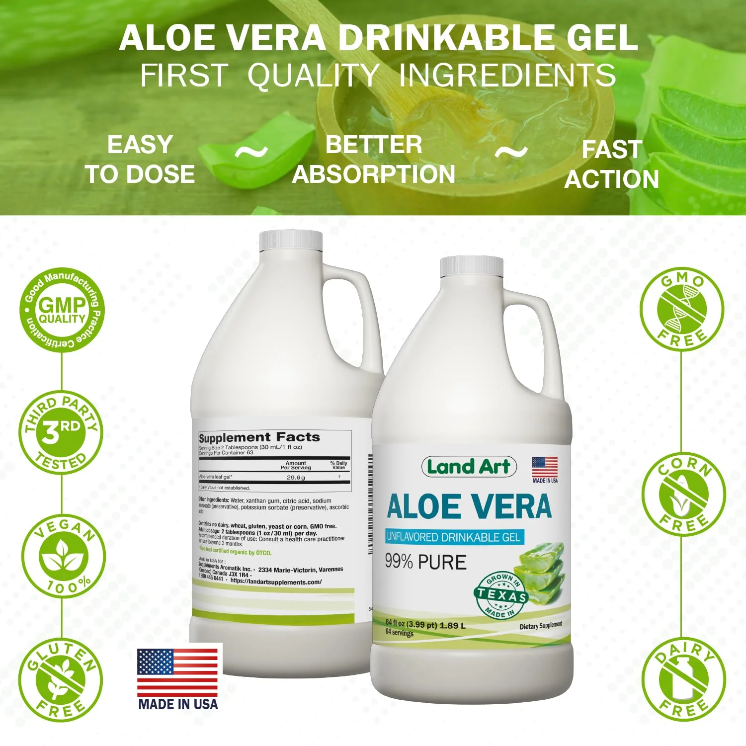Land Art Organic Aloe Vera Drinkable Gel – 99.7% Pure, Cold-Processed, Digestive Support (64 oz x 2) - Image 15