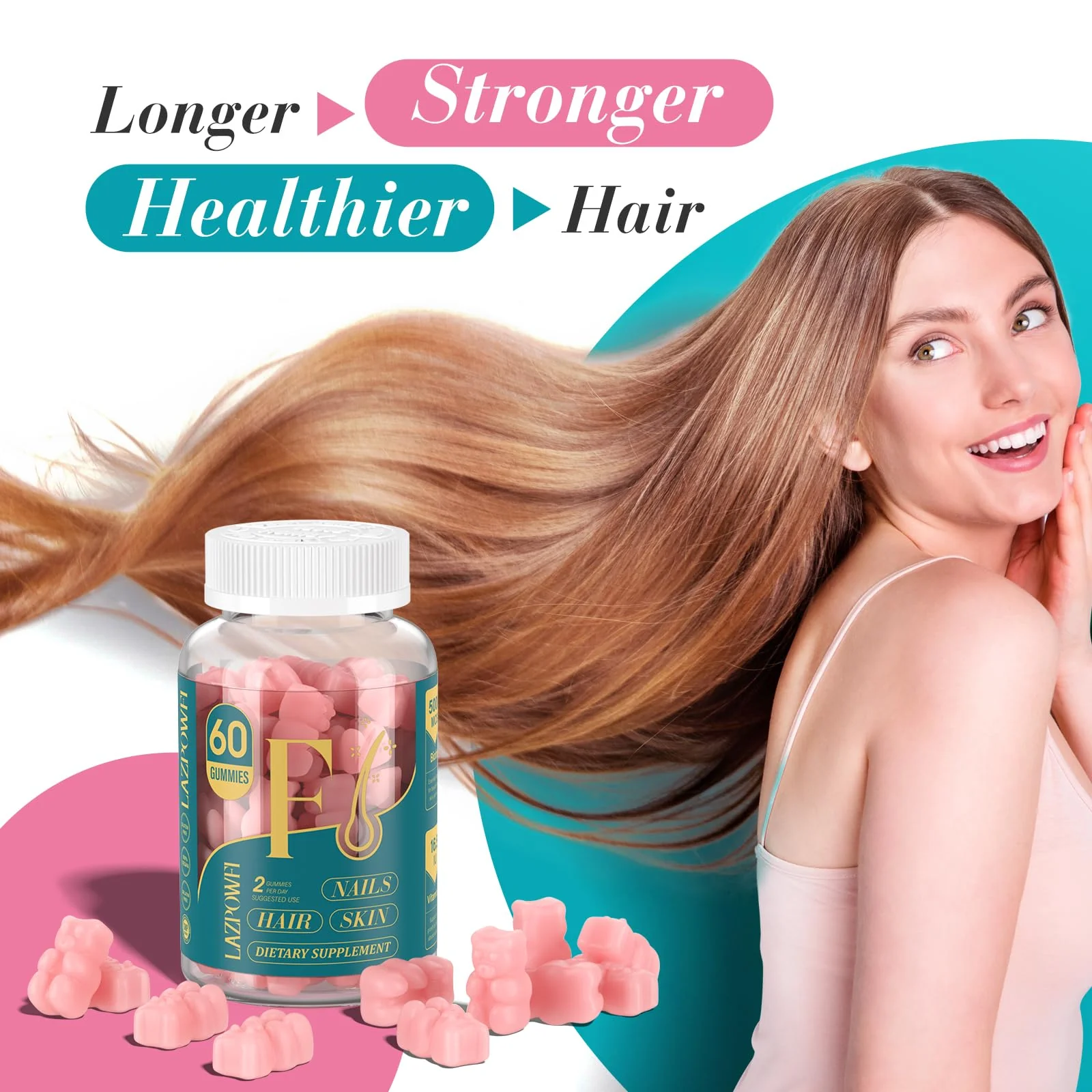 Lazpowfi Biotin Gummies - Vegan Hair, Skin & Nails Vitamins (90-Day Raspberry 3-Pack) - Image 3
