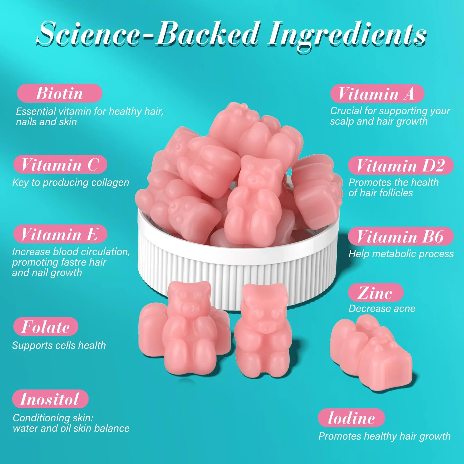 Lazpowfi Biotin Gummies - Vegan Hair, Skin & Nails Vitamins (90-Day Raspberry 3-Pack) - Image 4