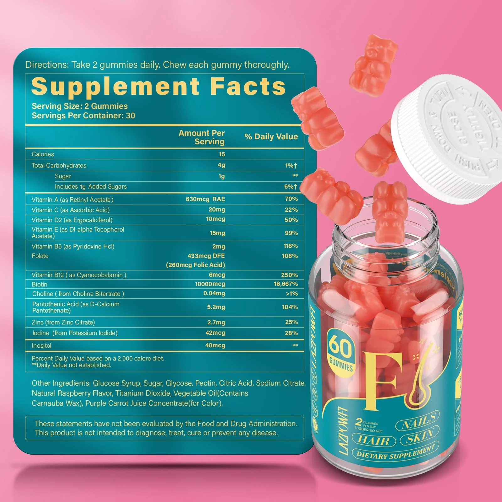Lazpowfi Biotin Gummies – Vegan Vitamin B7 for Hair, Skin & Nails | 60-Day Two-Pack, Strawberry - Image 13