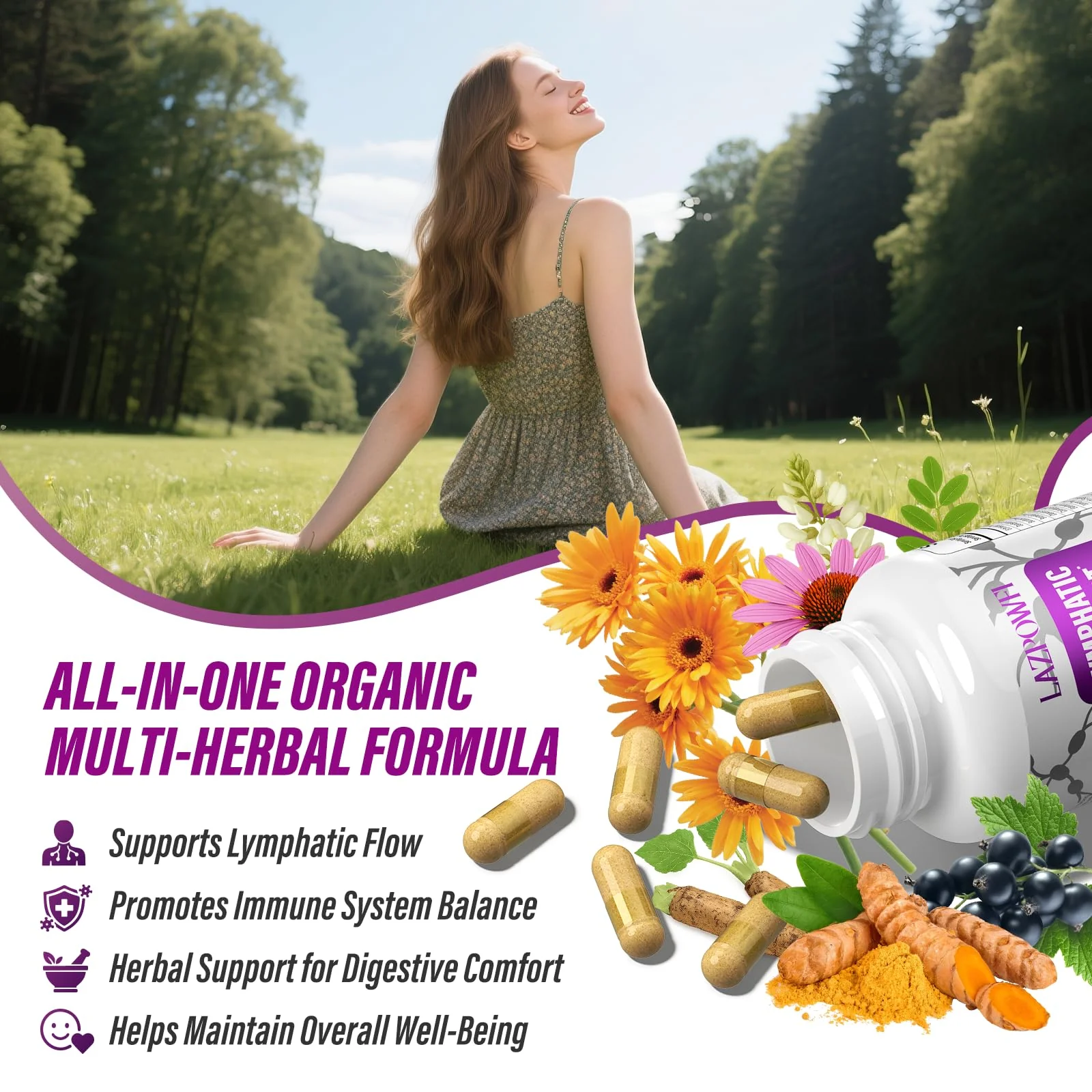 Lazpowfi Lymphatic Drainage Supplement – 120 Capsules with Echinacea, Dandelion & Turmeric - Image 4