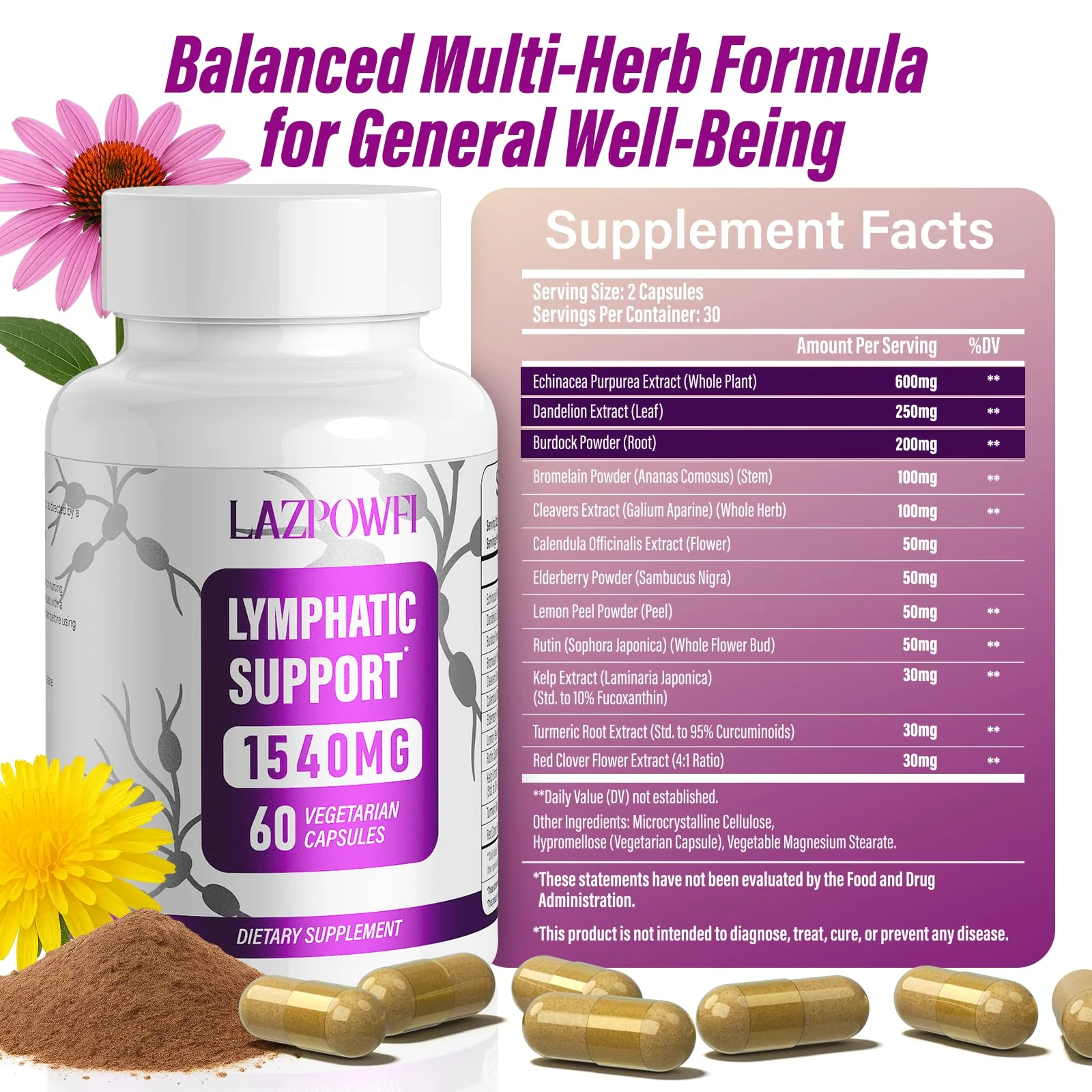 Lazpowfi Lymphatic Drainage Supplement – 120 Capsules with Echinacea, Dandelion & Turmeric - Image 7
