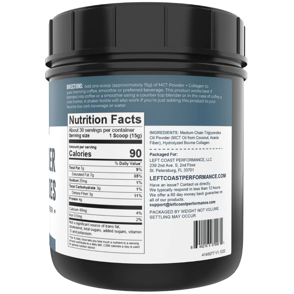 Left Coast Performance MCT Oil Powder with Acacia Fiber & Collagen Peptides – Prebiotic Collagen Protein, 10g MCTs from Coconut, Sugar Free Keto Coffee Creamer, Grass Fed, Unflavored, Gluten Free, 16 oz - Image 2
