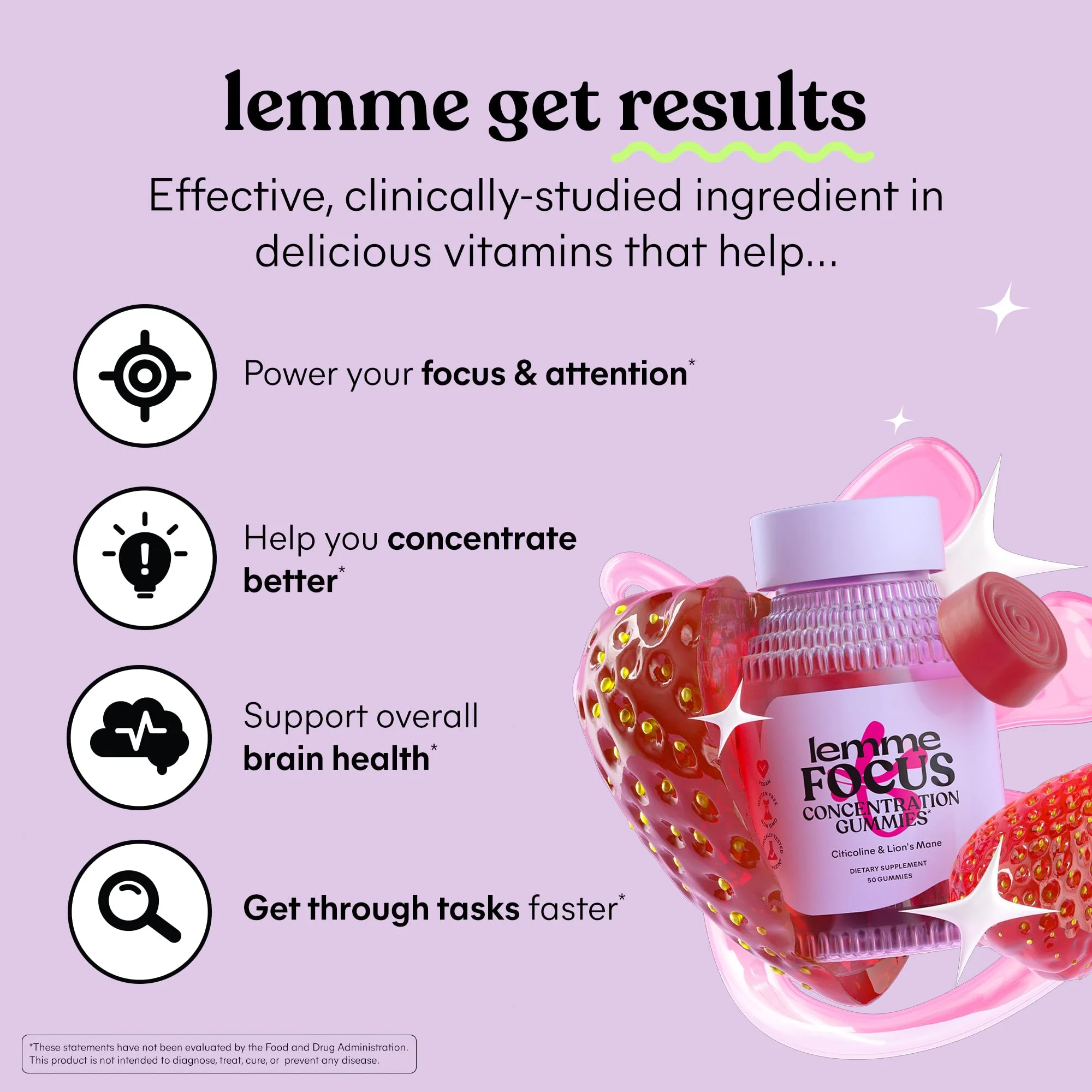 Lemme Focus Gummies – Cognizin, Lion’s Mane & B12 for Focus (50ct, Strawberry) - Image 2