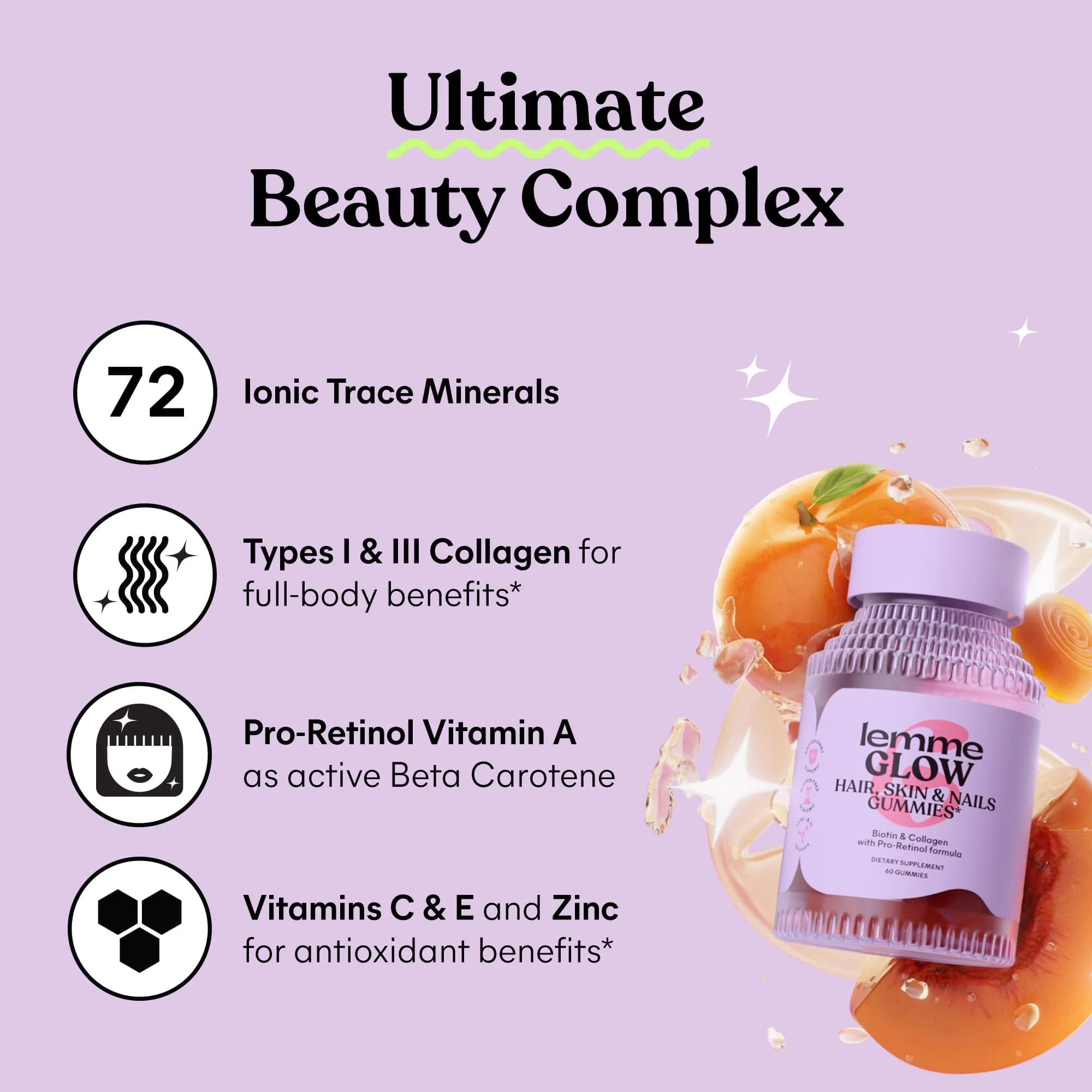 Lemme Glow Collagen Gummies – Thick Hair, Strong Nails & Healthy Skin | Biotin, Multi-Collagen, Zinc, Vitamins A/C/E | Peach Flavor 60 ct - Image 4