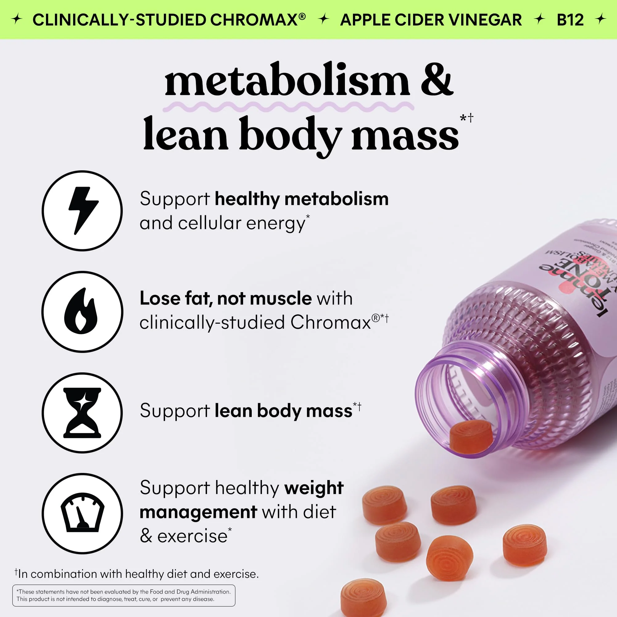 Lemme Tone Metabolism Gummies – Apple Cider Vinegar, Chromium Picolinate, B12, Ginger | Watermelon Apple Flavor (30-Day Supply) - Image 2