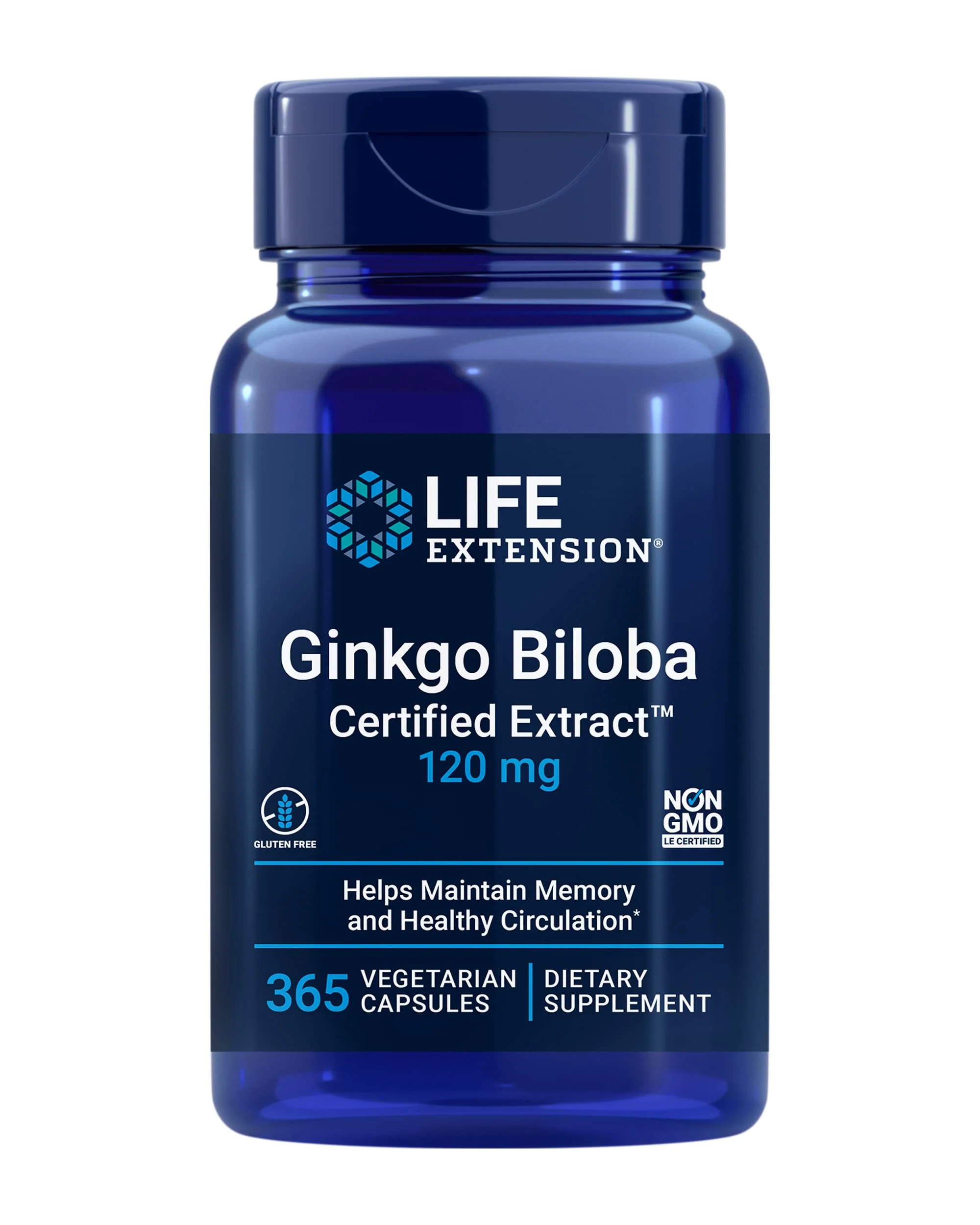 Life Extension Ginkgo Biloba Certified Extract 120 mg – Memory & Cognition Support, Gluten-Free, Non-GMO, 365 Capsules