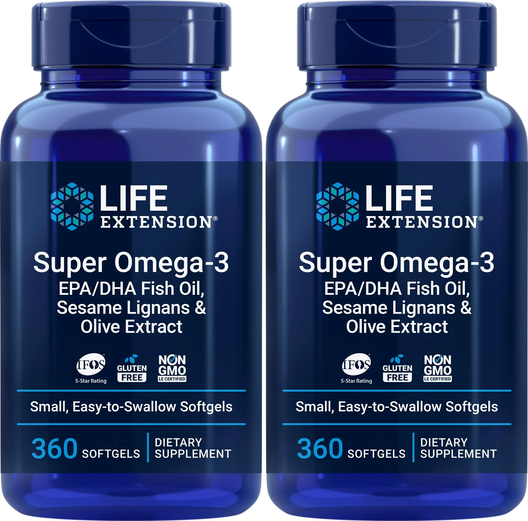 Life Extension Super Omega-3 360 Softgels (2-Pack) – Easy to Swallow, Lemon Flavor, IFOS Certified