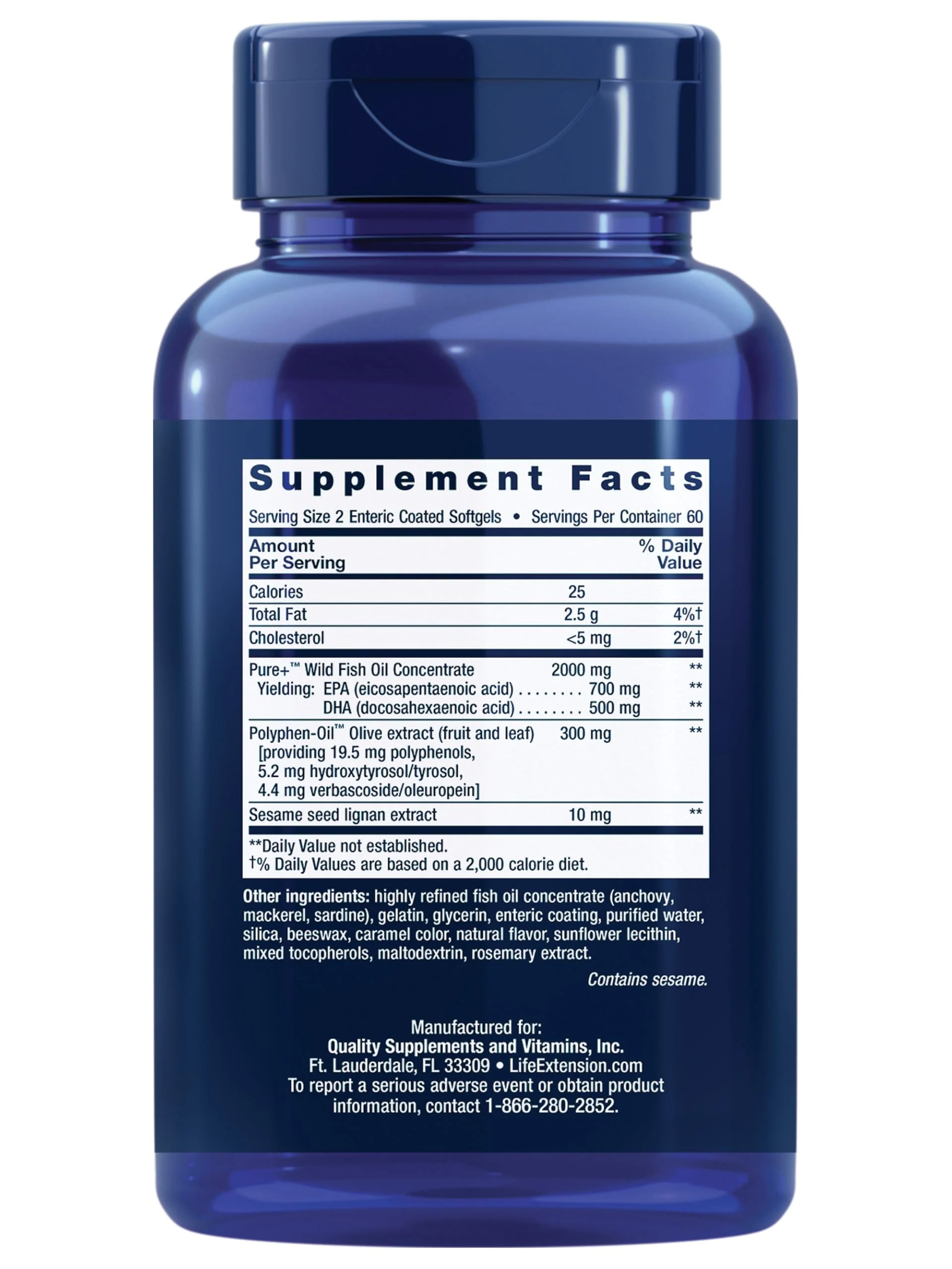 Life Extension Super Omega-3 EPA/DHA with Sesame Lignans & Olive Extract – Heart & Brain Health (120 Softgels) - Image 2