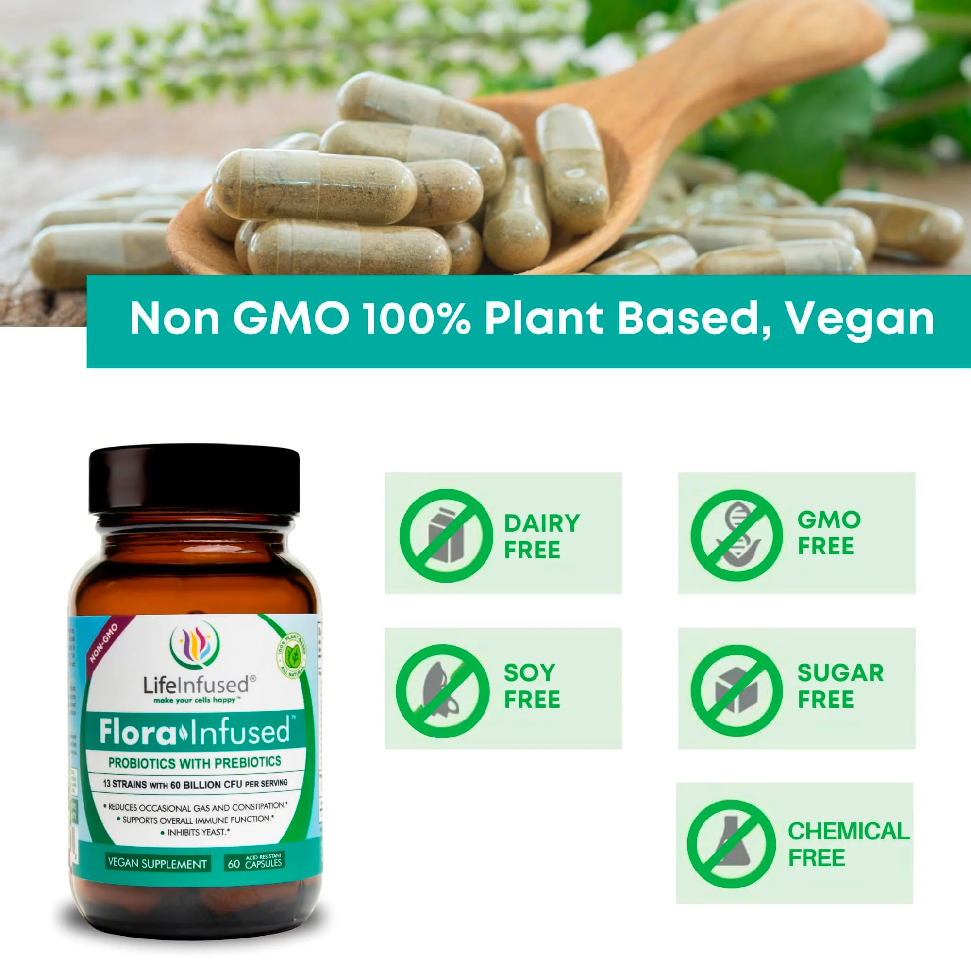 Life Infused Flora Infused Probiotics with Prebiotics - 50 Billion CFU, 13 Strains, Enzyme Blend - Vegan - 60 Capsules - Image 16