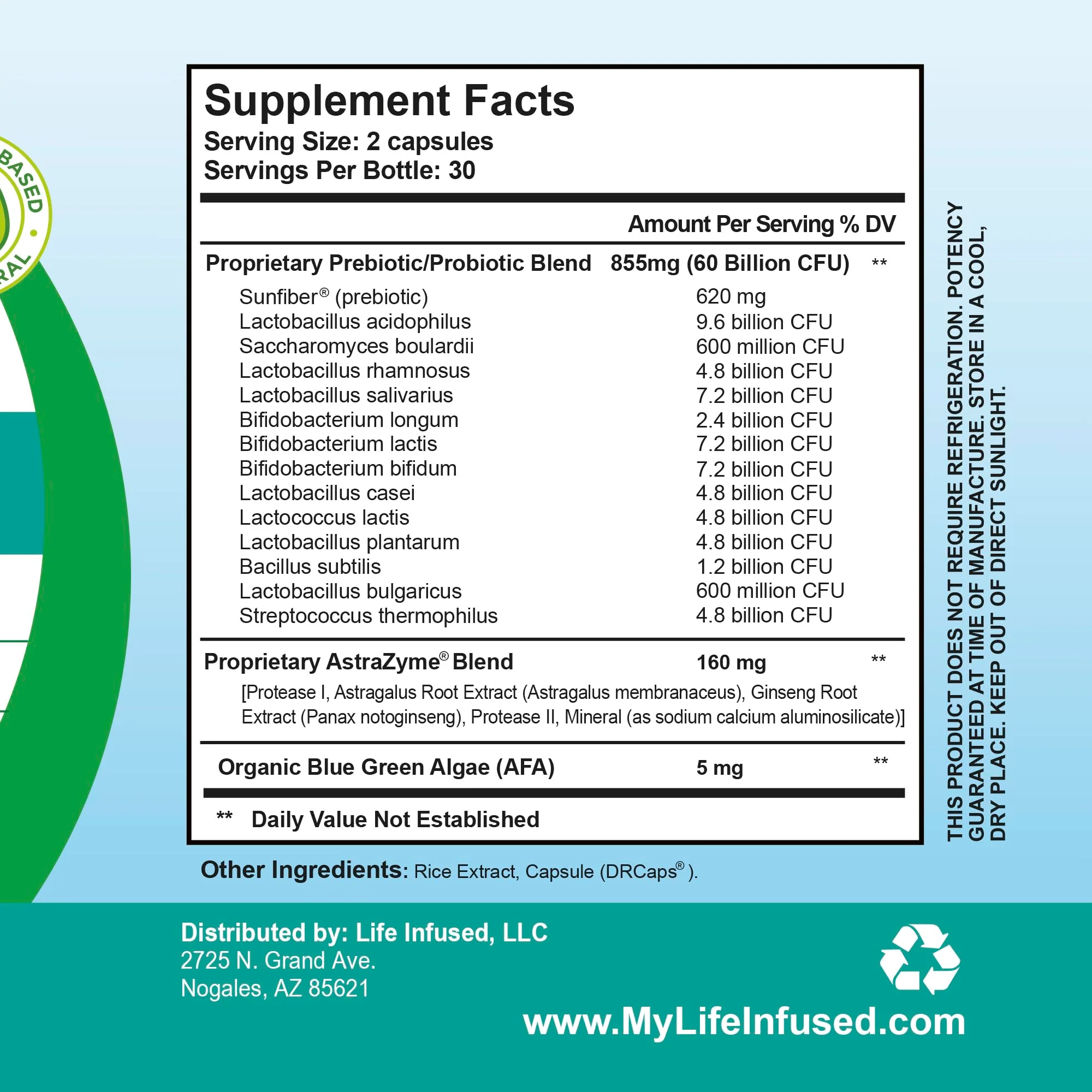 Life Infused Flora Infused Probiotics with Prebiotics - 50 Billion CFU, 13 Strains, Enzyme Blend - Vegan - 60 Capsules - Image 6