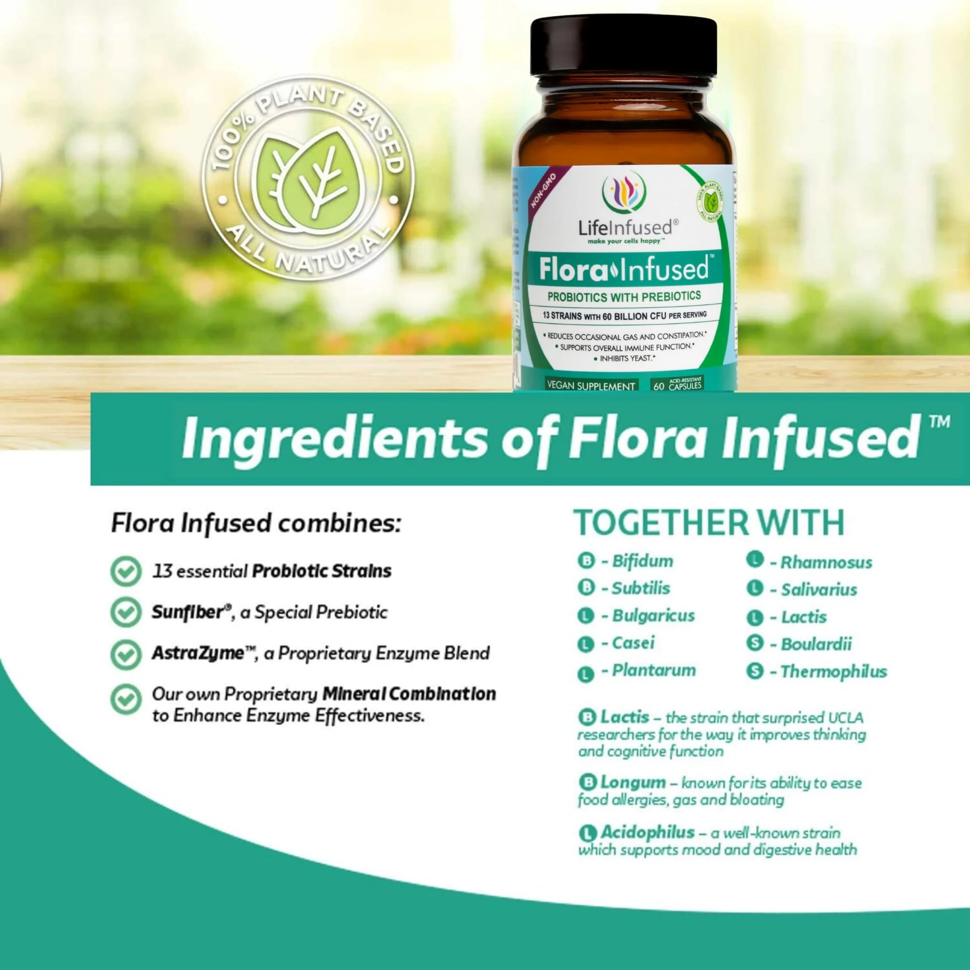 Life Infused Flora Infused Probiotics with Prebiotics - 50 Billion CFU, 13 Strains, Enzyme Blend - Vegan - 60 Capsules - Image 8