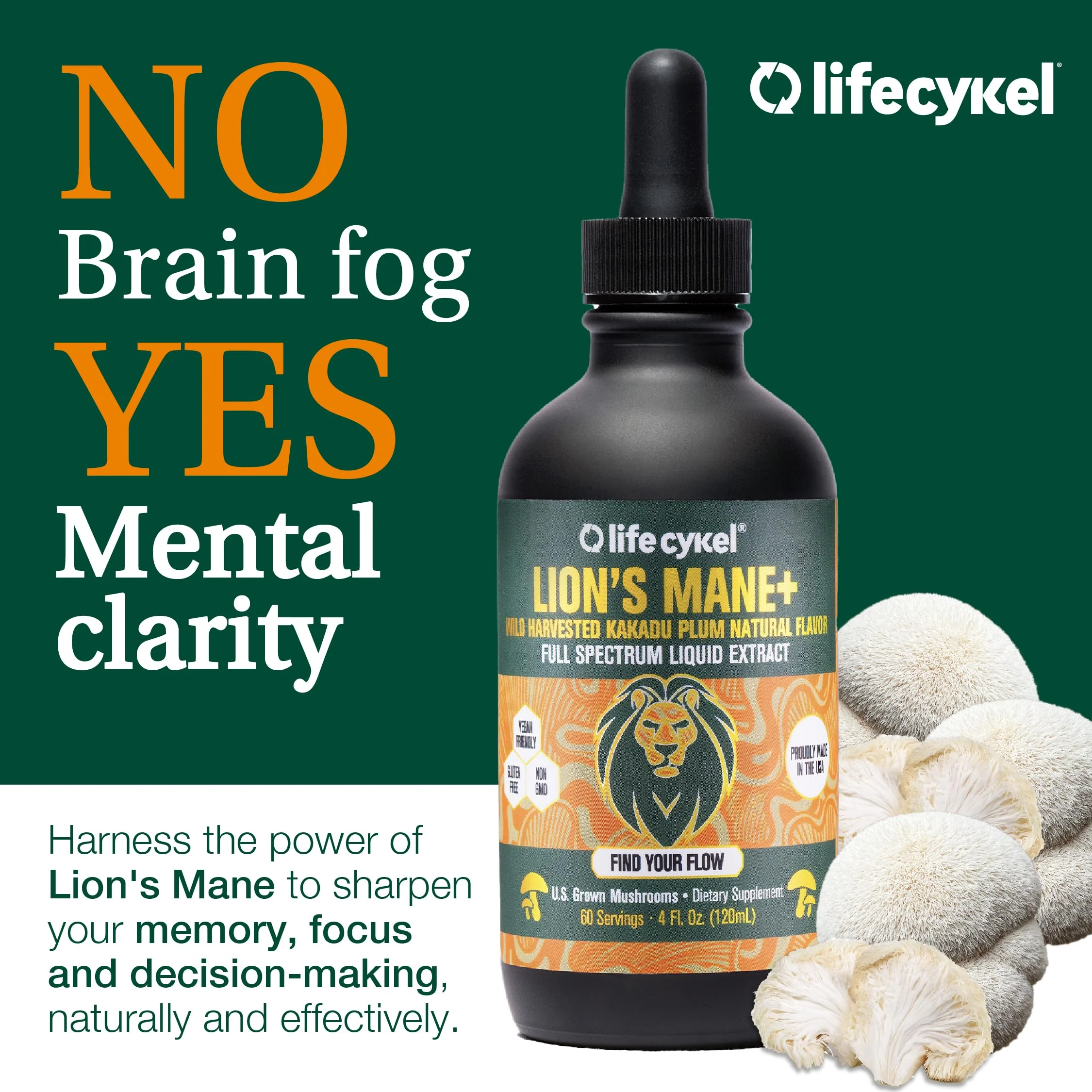 Lifecykel Lion's Mane Mushroom Extract w/Kakadu Plum — Memory, Focus & Sleep (2 oz, 30 Servings) Made in USA - Image 2
