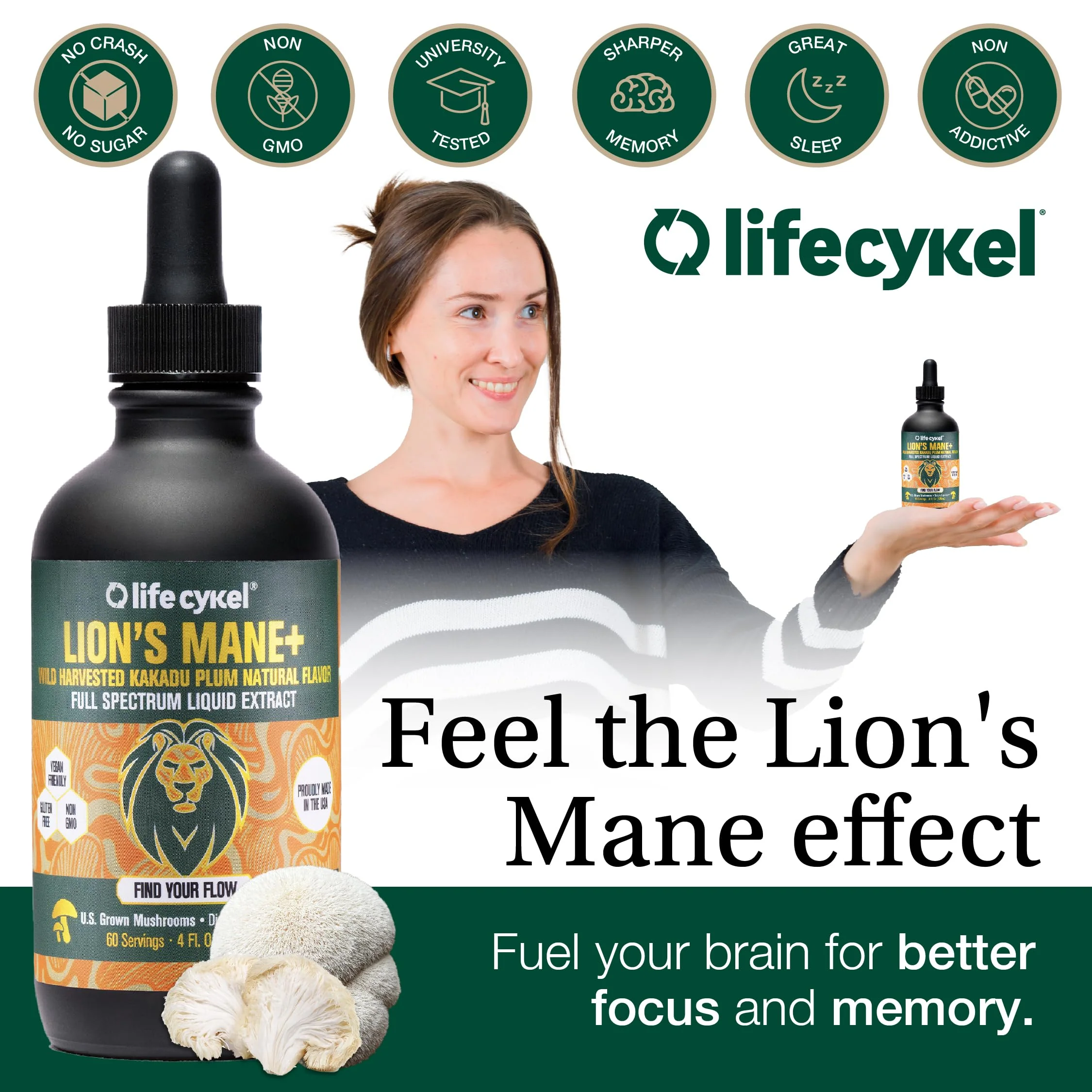 Lifecykel Lion's Mane Mushroom Extract w/Kakadu Plum — Memory, Focus & Sleep (2 oz, 30 Servings) Made in USA - Image 3