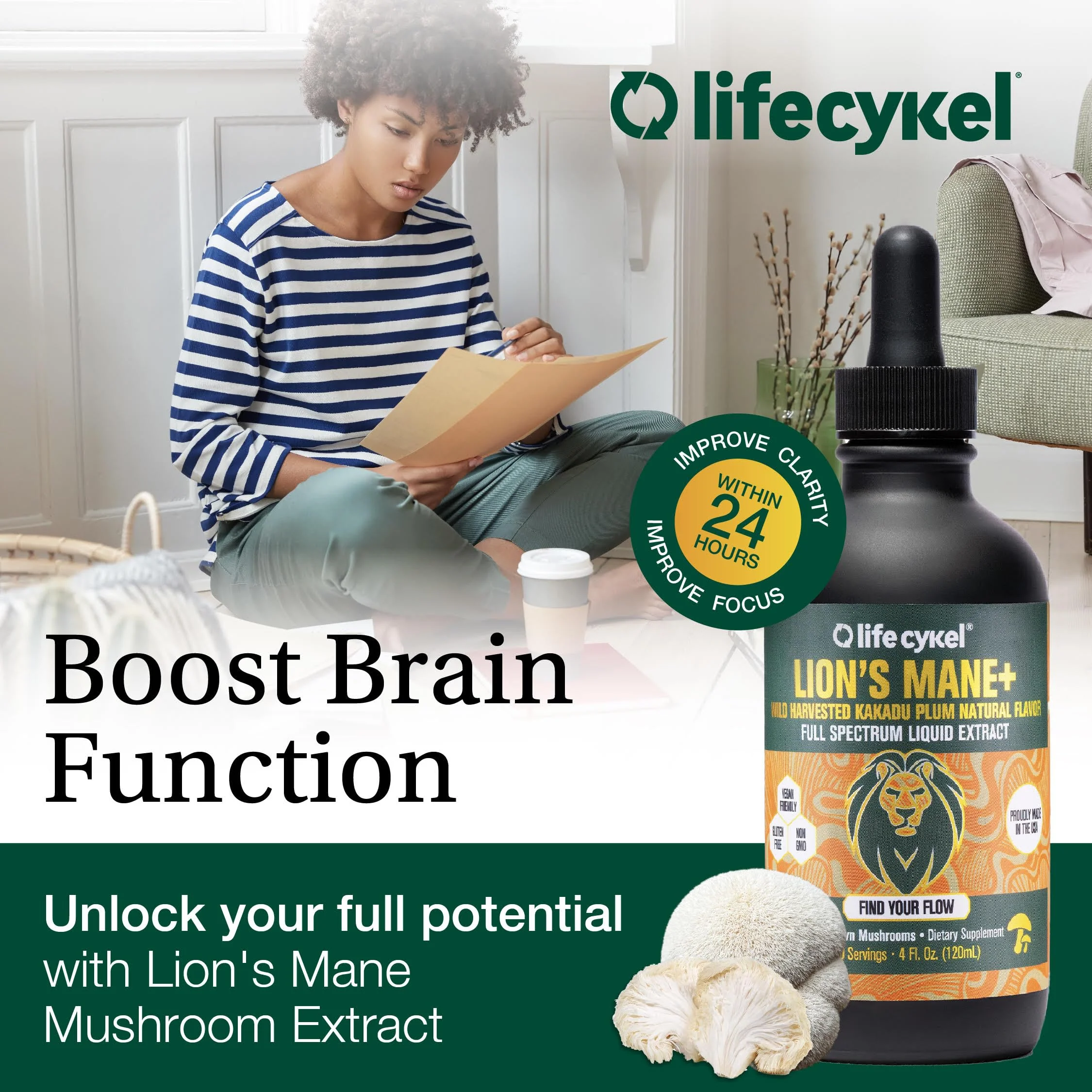 Lifecykel Lion's Mane Mushroom Extract w/Kakadu Plum — Memory, Focus & Sleep (2 oz, 30 Servings) Made in USA - Image 5