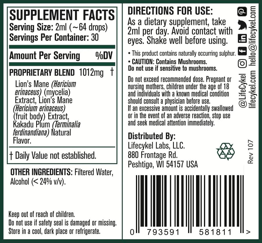 Lifecykel Lion's Mane Mushroom Extract w/Kakadu Plum — Memory, Focus & Sleep (2 oz, 30 Servings) Made in USA - Image 6