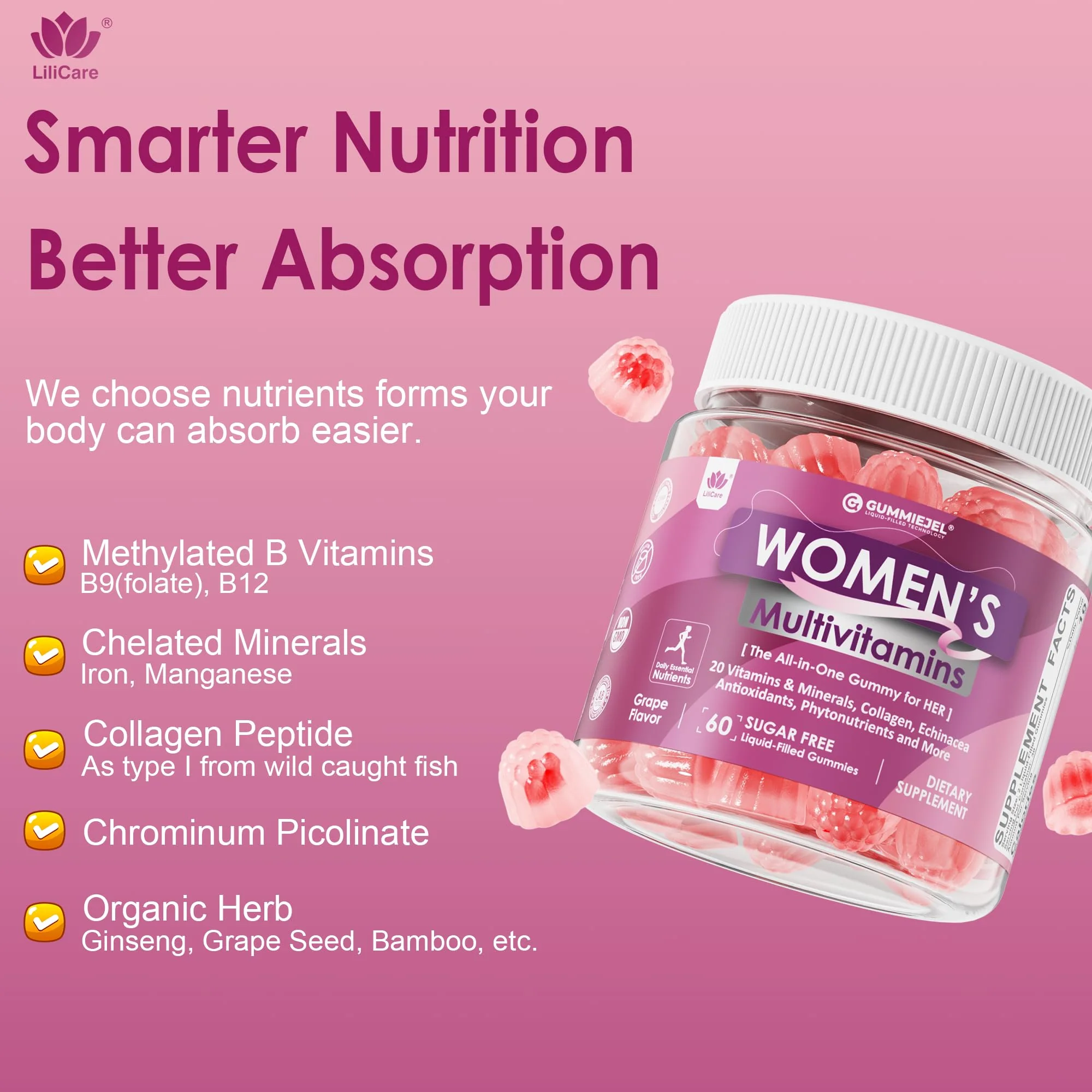 LILICARE 2 Pack Women’s Multivitamin Gummies – Methylated Formula, Biotin, Collagen, Iron, No Sugar - Image 7