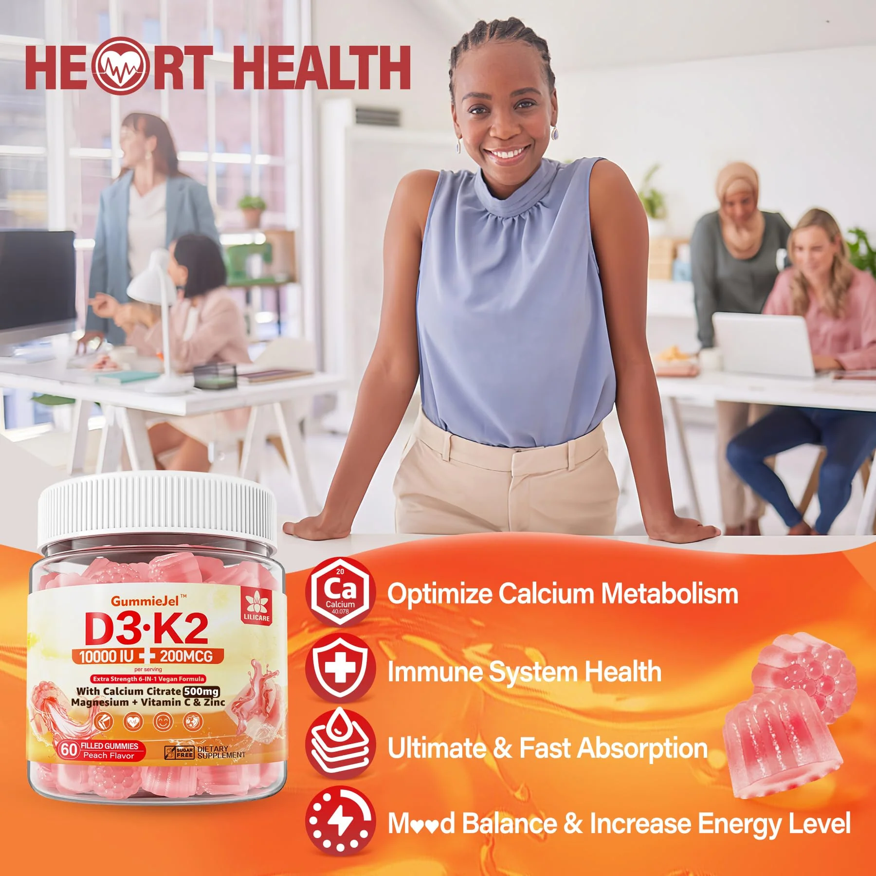 LILICARE Vitamin D3 K2 Filled Gummies – Vegan, Ultra-Strength D3/K2 with Calcium & Magnesium, Pack of 2 - Image 6