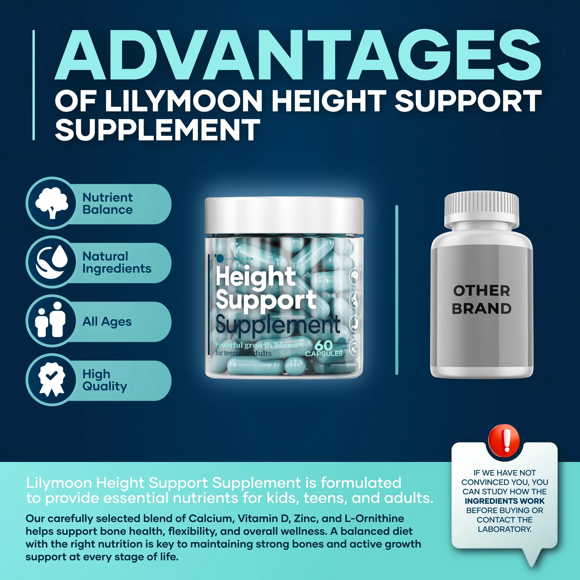 LilyMoon Height and Bone Support for Kids and Teens | Calcium Vitamin D Zinc 60 Caps - Image 8