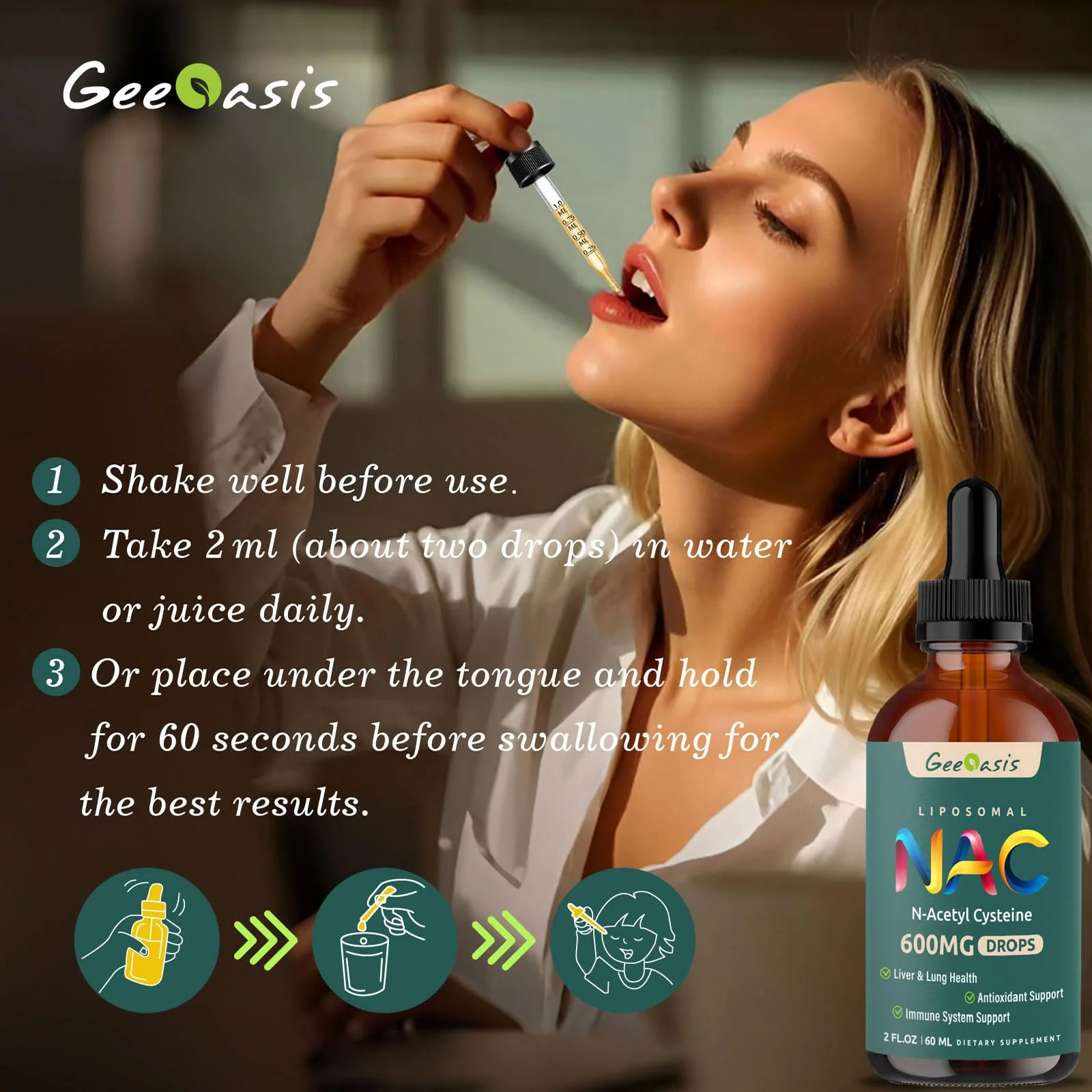 Liposomal NAC Liquid Drops 600 mg with Quercetin & Zinc – Immune, Lung & Liver Support (2x2 oz) - Image 2