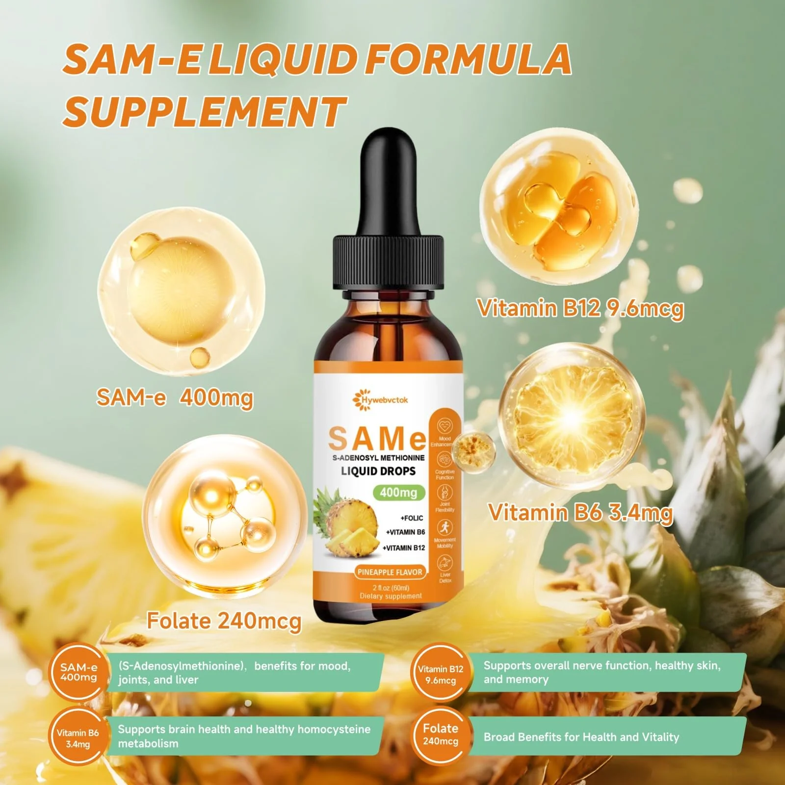 Liquid SAM-e Drops 2 Oz - 400mg SAM-e with B6, B12 & Folate | Pineapple Flavor | 98% Absorption | Joint & Liver Health | 0 Sugar - Image 2