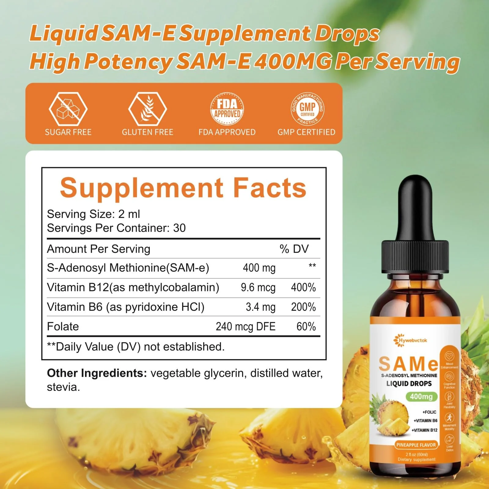 Liquid SAM-e Drops 2 Oz - 400mg SAM-e with B6, B12 & Folate | Pineapple Flavor | 98% Absorption | Joint & Liver Health | 0 Sugar - Image 3