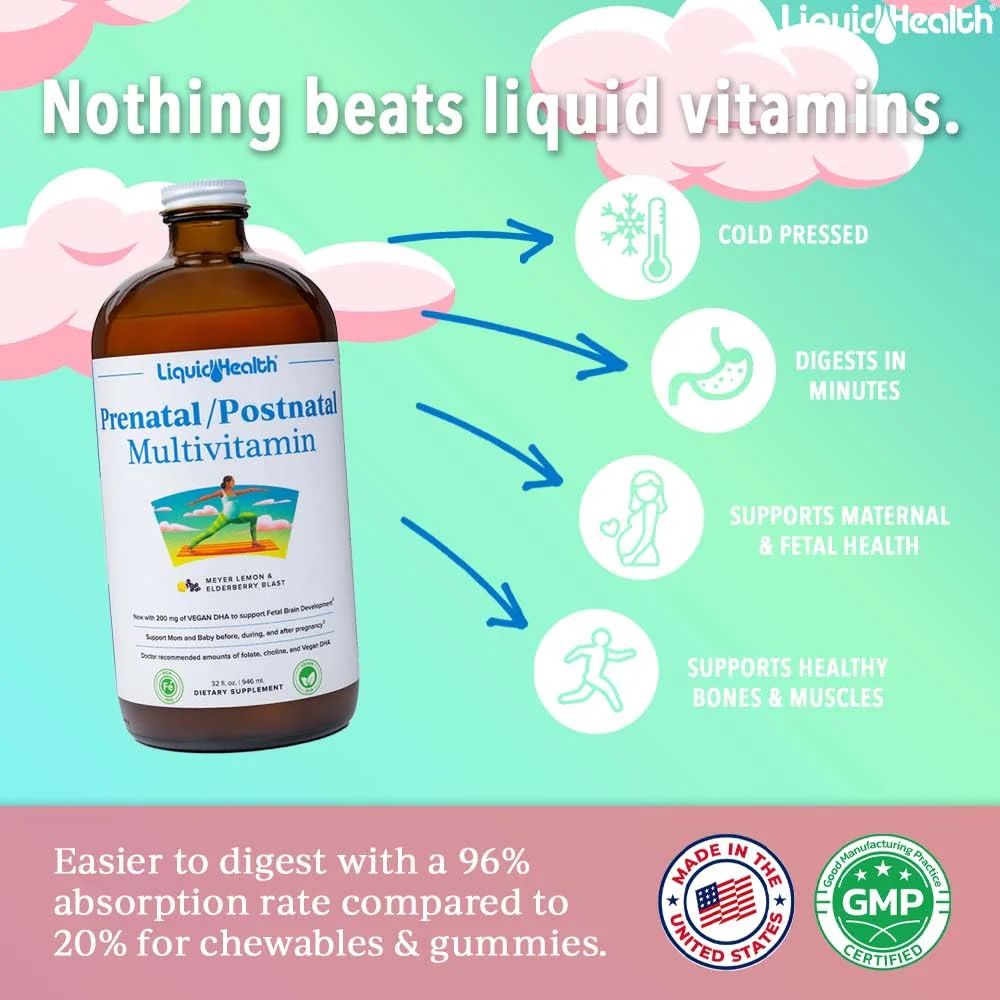 LIQUIDHEALTH Prenatal/Postnatal Liquid Multivitamin with Real Folate – Made in USA, Vegan, Sugar-Free, Non-GMO (2 Pack) - Image 2