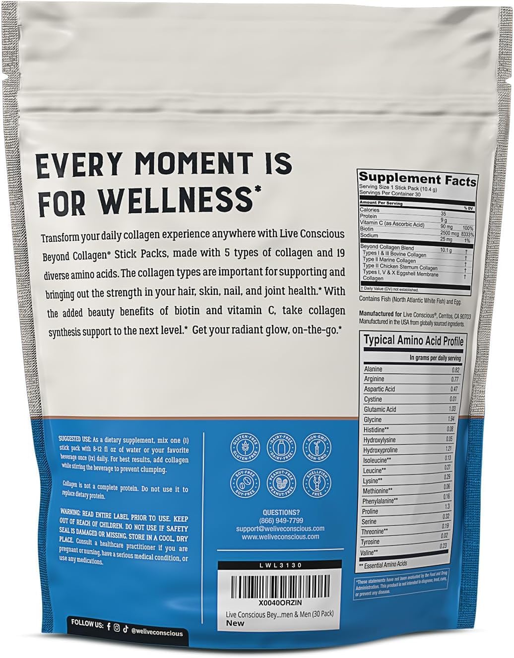 Live Conscious Beyond Collagen Peptides Powder – Unflavored Packets, Hydrolyzed Multi-Type Collagen for Hair, Skin, Nails & Joints (30 Pack, 2pk) - Image 7