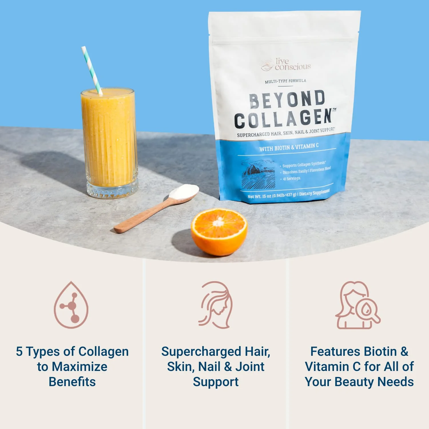 Live Conscious Beyond Collagen Powder for Women – 5 Types I, II, III, V & X, Biotin & Vitamin C, 41 Servings, Keto-Friendly - Image 11