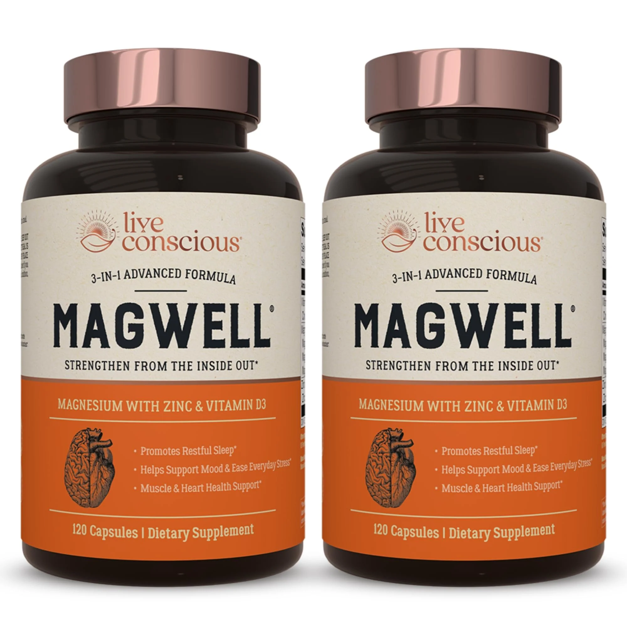 Live Conscious Magnesium Zinc & Vitamin D3 - Bioavailable Forms of Magnesium - Malate, Glycinate, Citrate - MagWell Bone & Heart Health, Immune System Support - 120 Capsules (2-Pack)