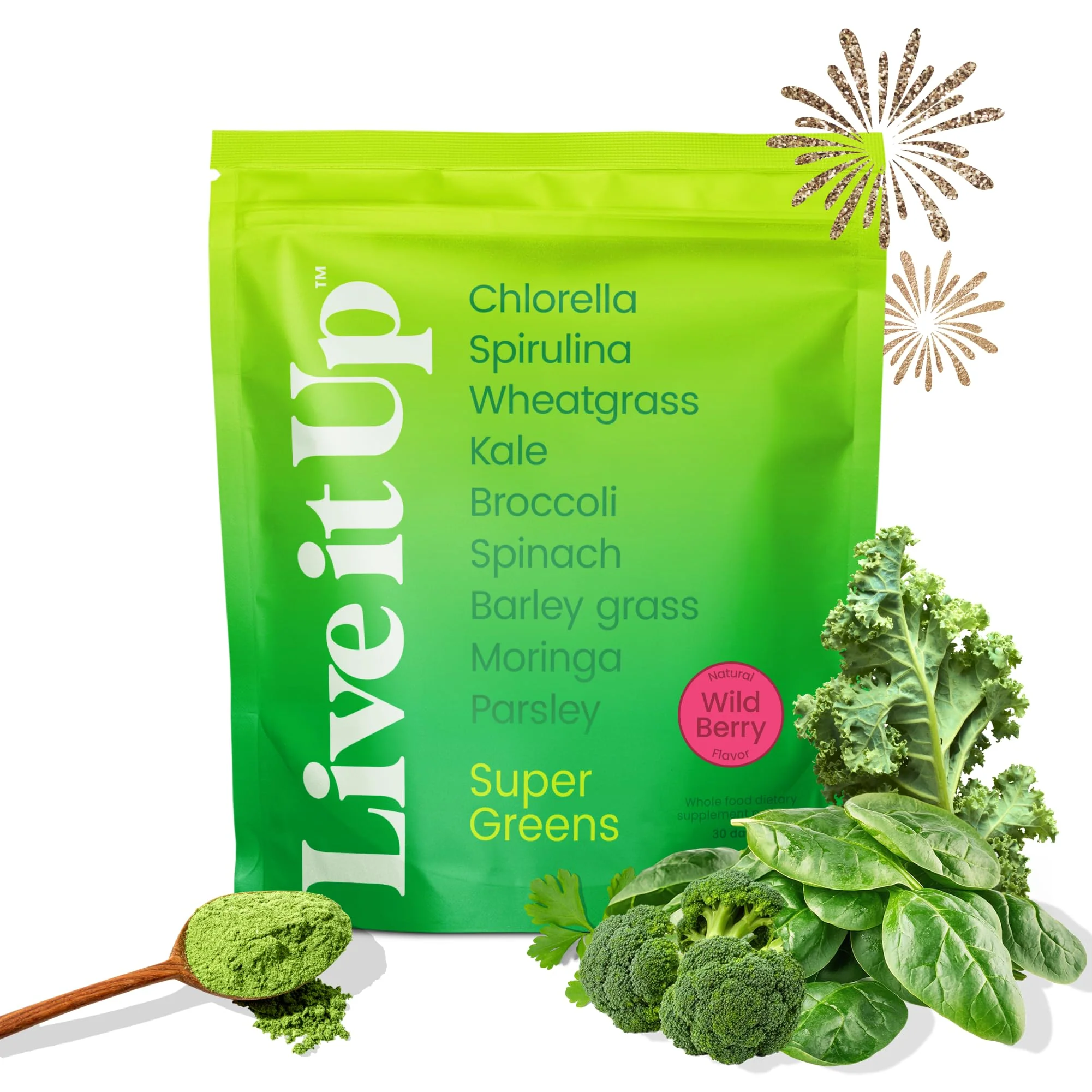 Live It Up Super Greens Powder | Berry Flavor with Probiotics & Digestive Enzymes – All-Natural Plant-Based Superfood, 30 Servings - Image 10