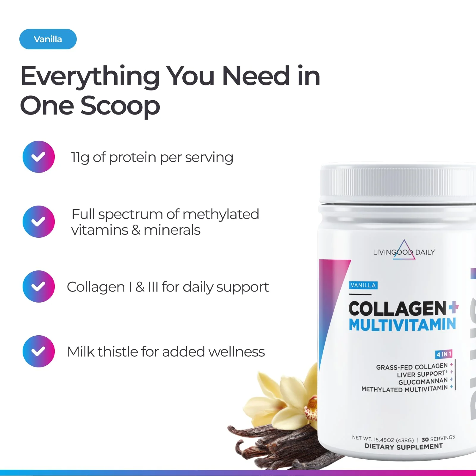 Livingood Daily Collagen Powder Vanilla – Grass-Fed, Vitamin C & Multivitamins, Gluten Free, 30 Servings - Image 13