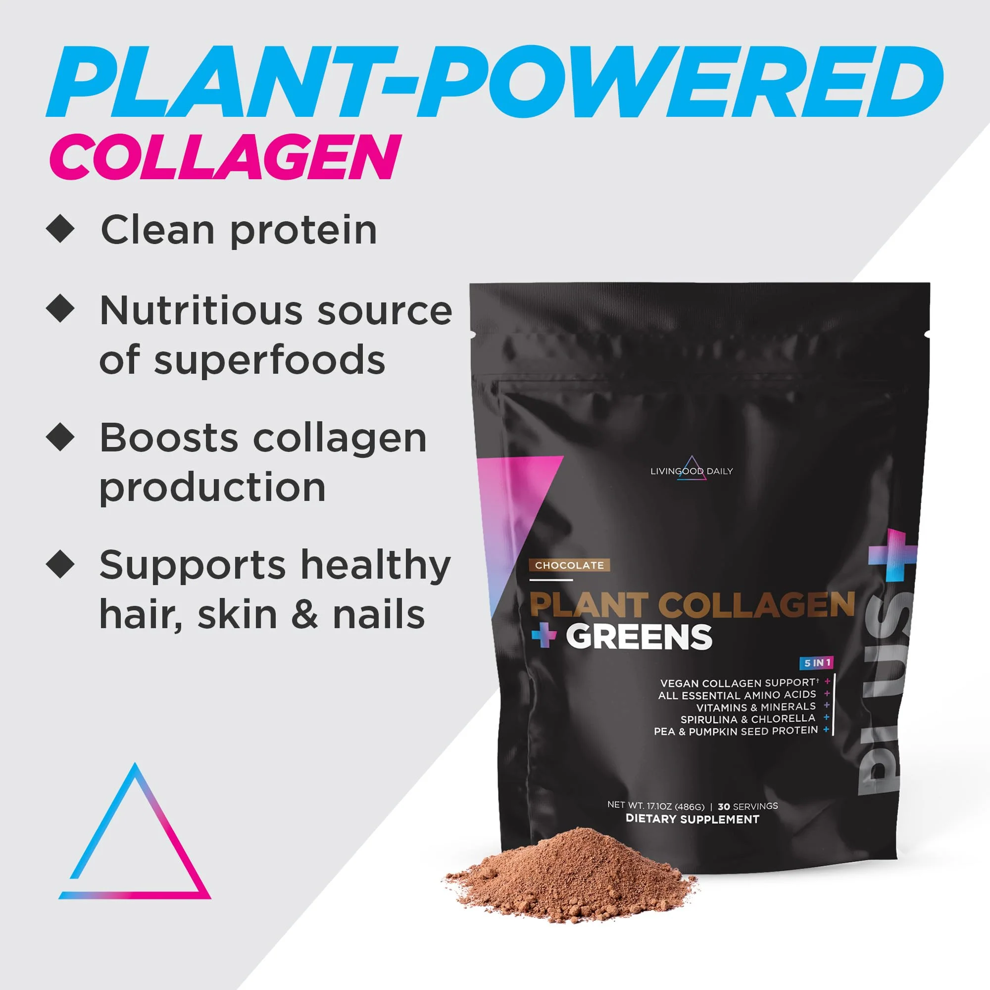 Livingood Daily Plant Collagen + Greens Powder - Chocolate | Vegan 5-in-1 Collagen Support - Image 2