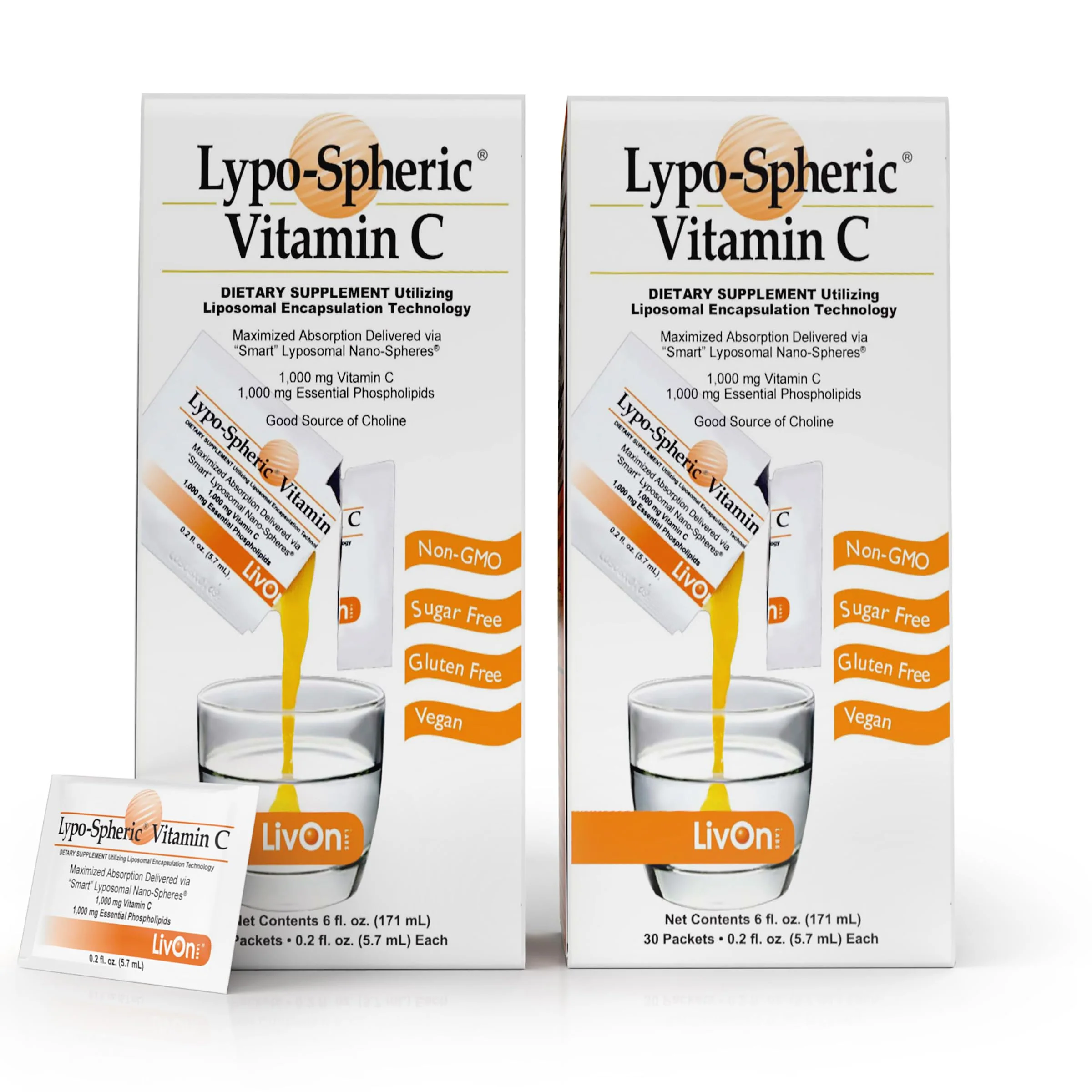 LivOn Laboratories Lypo-Spheric Vitamin C - 1,000 mg Vitamin C & 1,000 mg Essential Phospholipids per Packet | Liposome Encapsulation for Improved Absorption | Non-GMO (2 Cartons, 60 Packets)